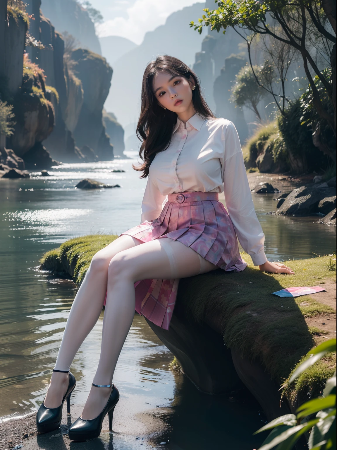 (full body:2)，(1girl:1.3),(view the viewer:1.4)，(anatomy correct:1.45),(Sitting by the stream holding a glass bottle:1.35),(very thick printed pantyhose:1.4),(A mature and sensual woman Wear printed fantasy colorful JK student uniform pleated skirt and uniform pointed high-heeled leather shoes :1.35)，(A woman with large buttocks, breasts, and a slender waist:1.4), (Light particle effect:1.3),(In pink | amarelo | blue colors| green color |red color | white colors| black in color| purplish color| greys| Beige| Flesh color 1.4)，(Glowing eyes:1.3),(Large amplitude action: 1.3)，(Accurate and perfect face:1.4),hyper HD, Ray traching, reflective light，structurally correct, Award-Awarded, high detail, lighten shade contrast, Face lighting，cinmatic lighting, tmasterpiece, super detailing, high quality, high detail, best quality, 16k，High contrast,
