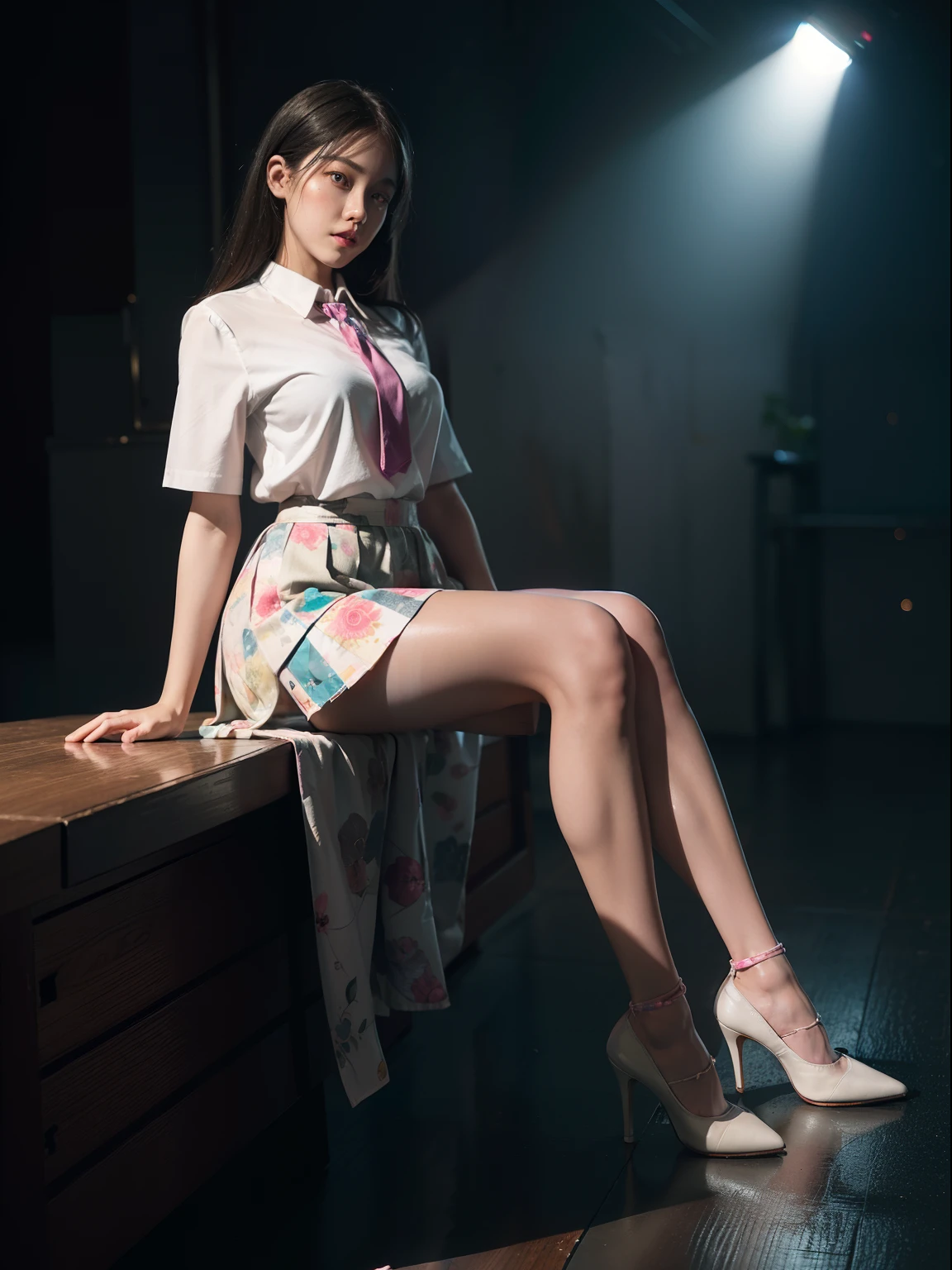 (full body:2),(1girl:1.3),(view the viewer:1.4),(anatomy correct:1.45),(Sitting by the creek, lifting the skirt with both hands:1.35),(very thick printed pantyhose:1.4),(A mature and sensual woman Wear printed fantasy colorful JK student uniform pleated skirt and uniform pointed high-heeled leather shoes :1.35),(A woman with large buttocks, breasts, and a slender waist:1.4), (Light particle effect:1.3),(In pink | amarelo | blue colors| green color |red color | white colors| black in color| purplish color| greys| Beige| Flesh color 1.4),(Glowing eyes:1.3),(Large amplitude action: 1.3),(Accurate and perfect face:1.4),hyper HD, Ray traching, reflective light,structurally correct, Award-Awarded, high detail, lighten shade contrast, Face lighting,cinmatic lighting, tmasterpiece, super detailing, high quality, high detail, best quality, 16k,High contrast,