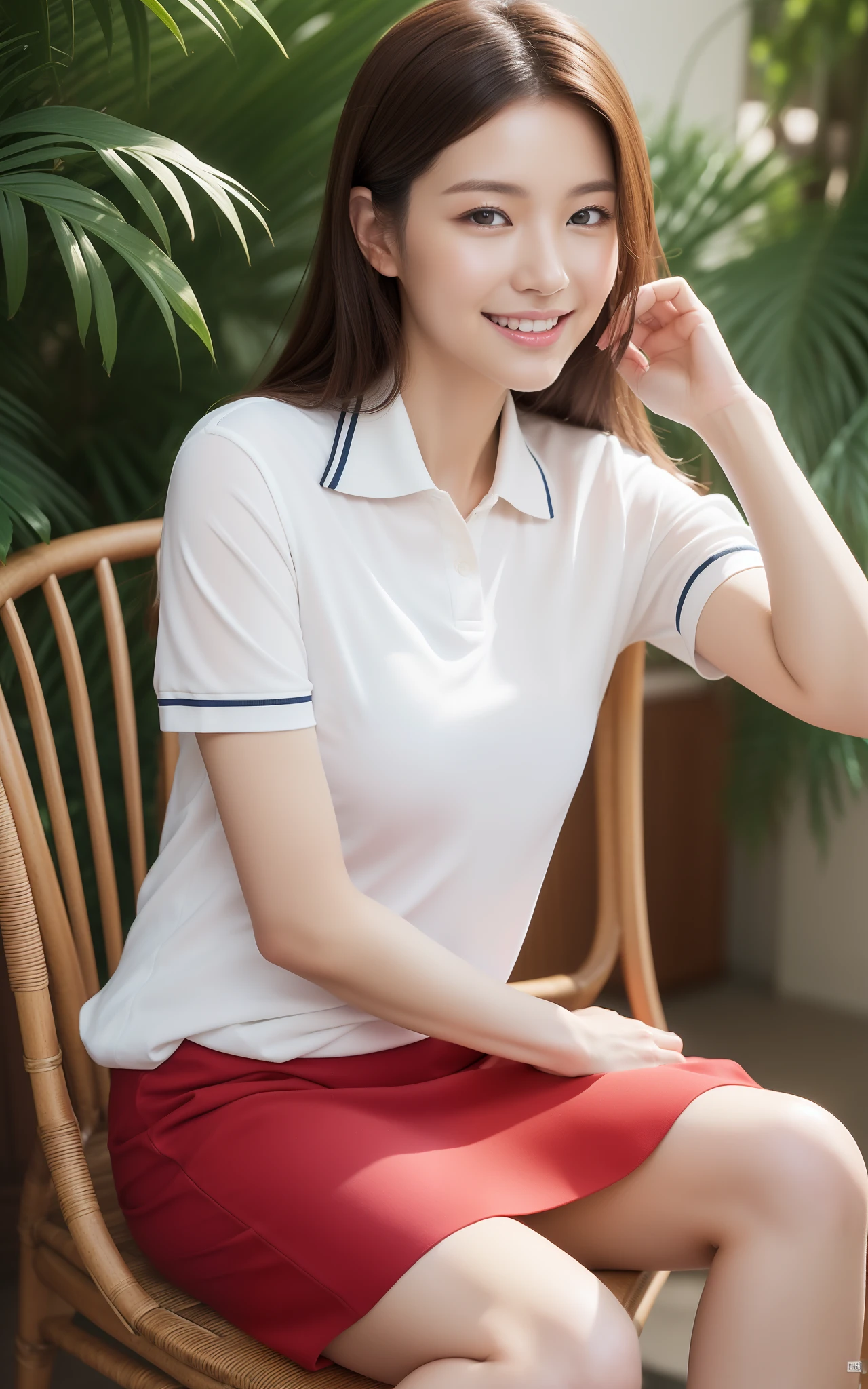 ((top-quality、in 8K、​masterpiece:1.3、超A high resolution))、(Clear focus:1.4)、BREAK、A Japanese Lady、childish、1 persons、full body Esbian、(Detailed chair、Sitting on a chair:1.2)、light skinned、((dark brown  hair))、Katyusha、(White polo shirt、Pale red ankle boots:1.2、Detailed fabrics)、Super fine face、A detailed eye、Narrow-eyed、二重まぶた、Reddish cheeks、Detailed skin、Sweating、Lustrous skin、Shine skin、Shaded skin、Wearing makeup、ruddy lips、Laughing、Large breasts、looking in camera、BREAK、(细致背景、细致背景、pub:1.5)、Daytime、Natural lighting