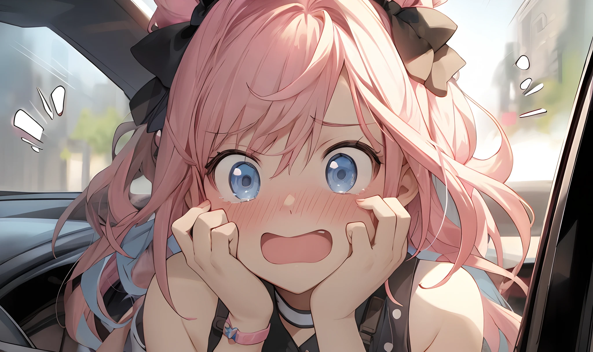 anime girl with pink hair and blue eyes sitting in a car, extremely cute anime girl face, Splash art anime , anime visual of a cute girl, lollipop, Detailed digital anime art, pink twintail hair and cyan eyes, anime moe art style, cute anime face, Guviz, ahegao face, with huge luminous sad eyes