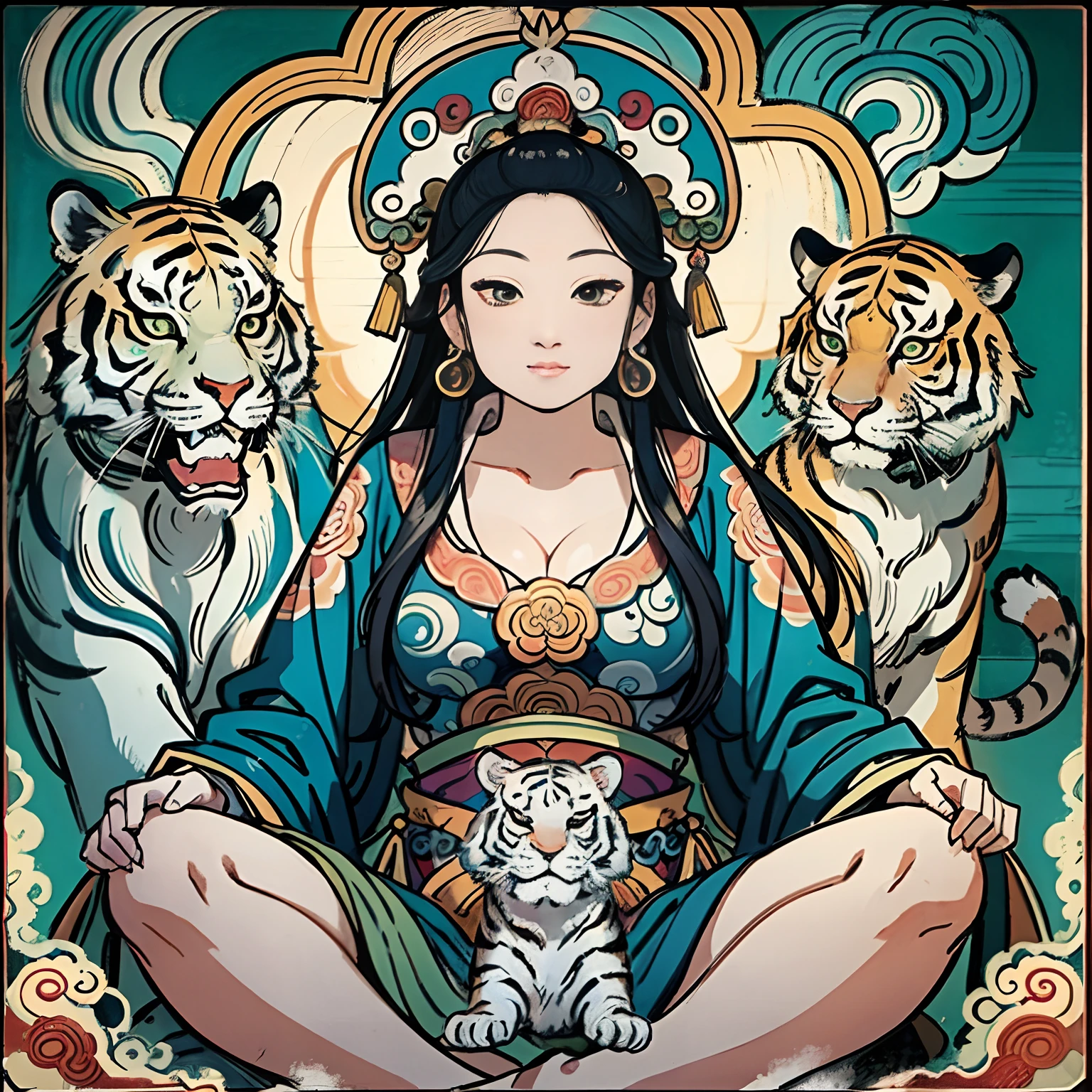 an ancient Chinese goddess, guanyin of the southern seas, Guanyin, Inspired by India, Avalokiteshvara rides a tiger,Serene expression,shui mo hua,Buddha,Buddhist,Lotus,Chinese painting style,Thangka style