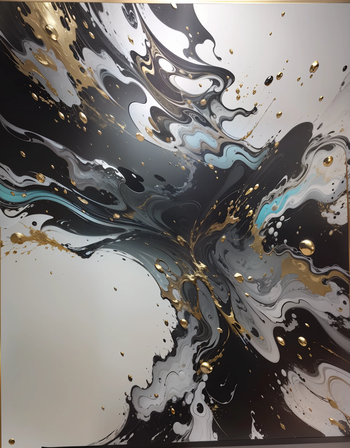 Oil painting in acrylic,Three-dimensional feeling,Chinese black and white style abstract painting,Black charcoal,gold foil,Leave white space,Abstract stream of consciousness,Three-dimensional feeling,World Masterpieces,Splash ink,metallic luster,Jade texture,Ultra-avant-garde style。