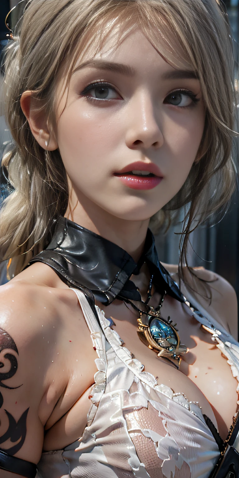 Photorealistic, high resolution, Soft light,1womanl, Solo, Hips up,Night City, (Detailed face),tattoo,ink，Police badge，Police badge，Open navel，Lace pleated skirt， jewelry, Police uniform,coiffed blonde hair