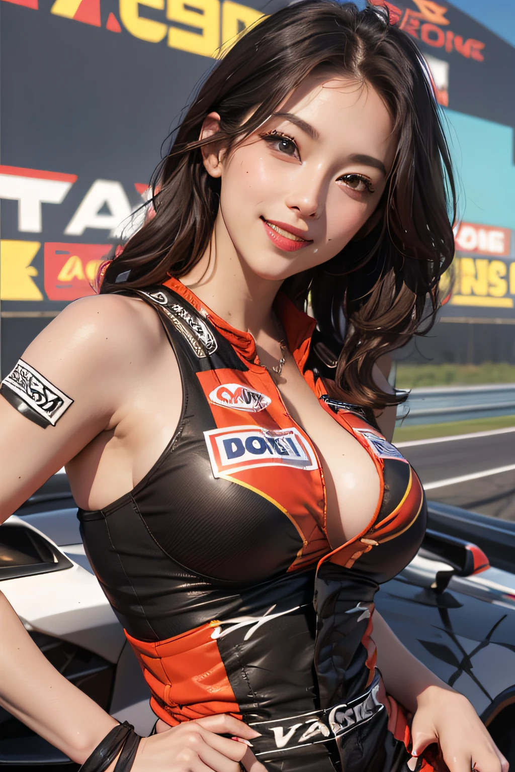 masutepiece, Best Quality, ultra-detailliert, Full body diagram,1womanl, 35 year old, (inely detailed beautiful eyes), Glamour body, Huge breasts, Race Queen, Cheerful smile, sexypose, Background with: (Car Racing Venues:1.3)