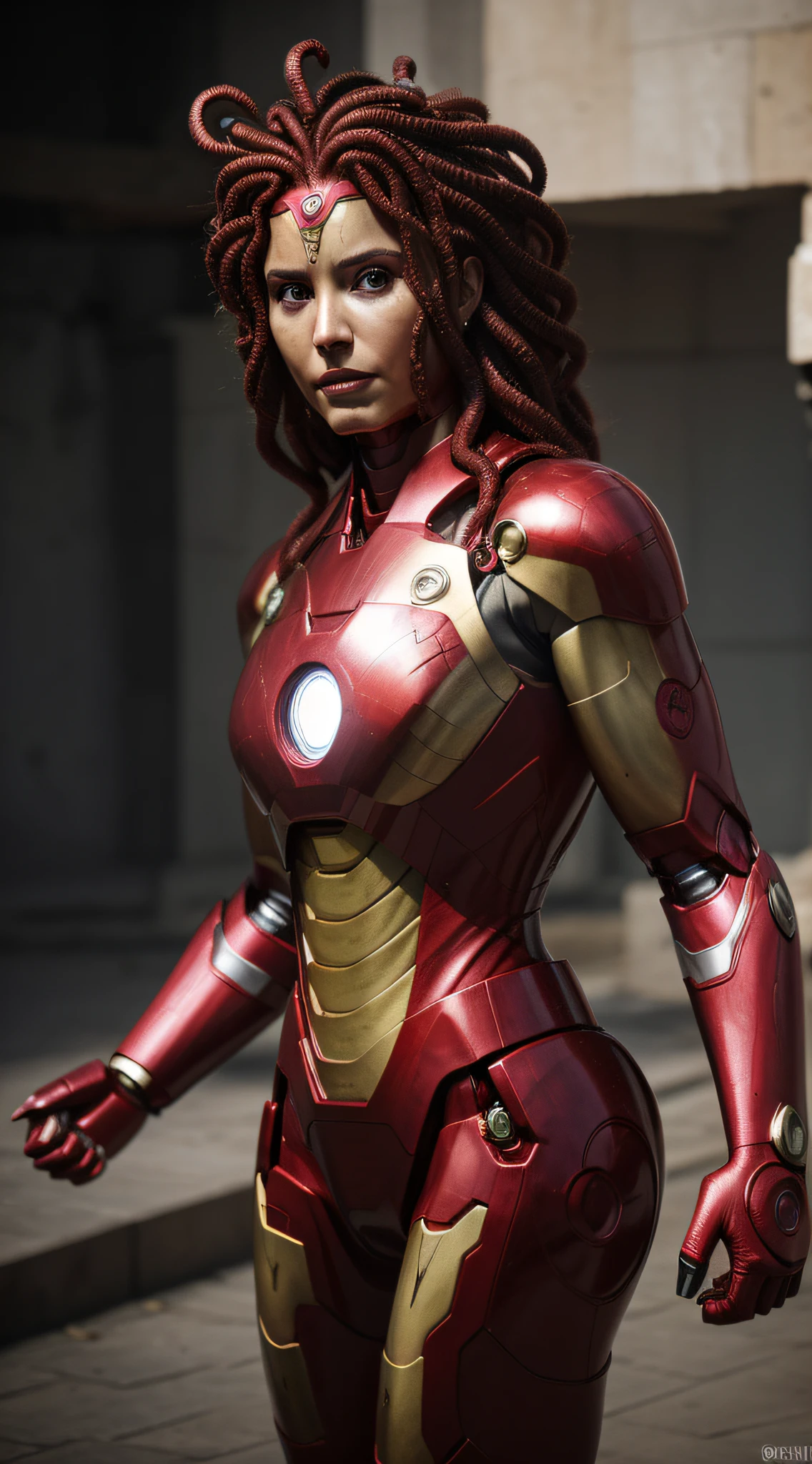 Close-up, mulher (((ironman suit))), (((emphasis Medusa head: 1.3, Gorgona head: 1.2, cobras, dentes afiados, escamas,))), fotorrealista, ultra-detalhado, detalhes intrincados, super detalhado, volumático, HDR, Realistic, Motor irreal, 16k, foco nítido, octan render, da mais alta qualidade, Foto RAW, cinematic  composition,