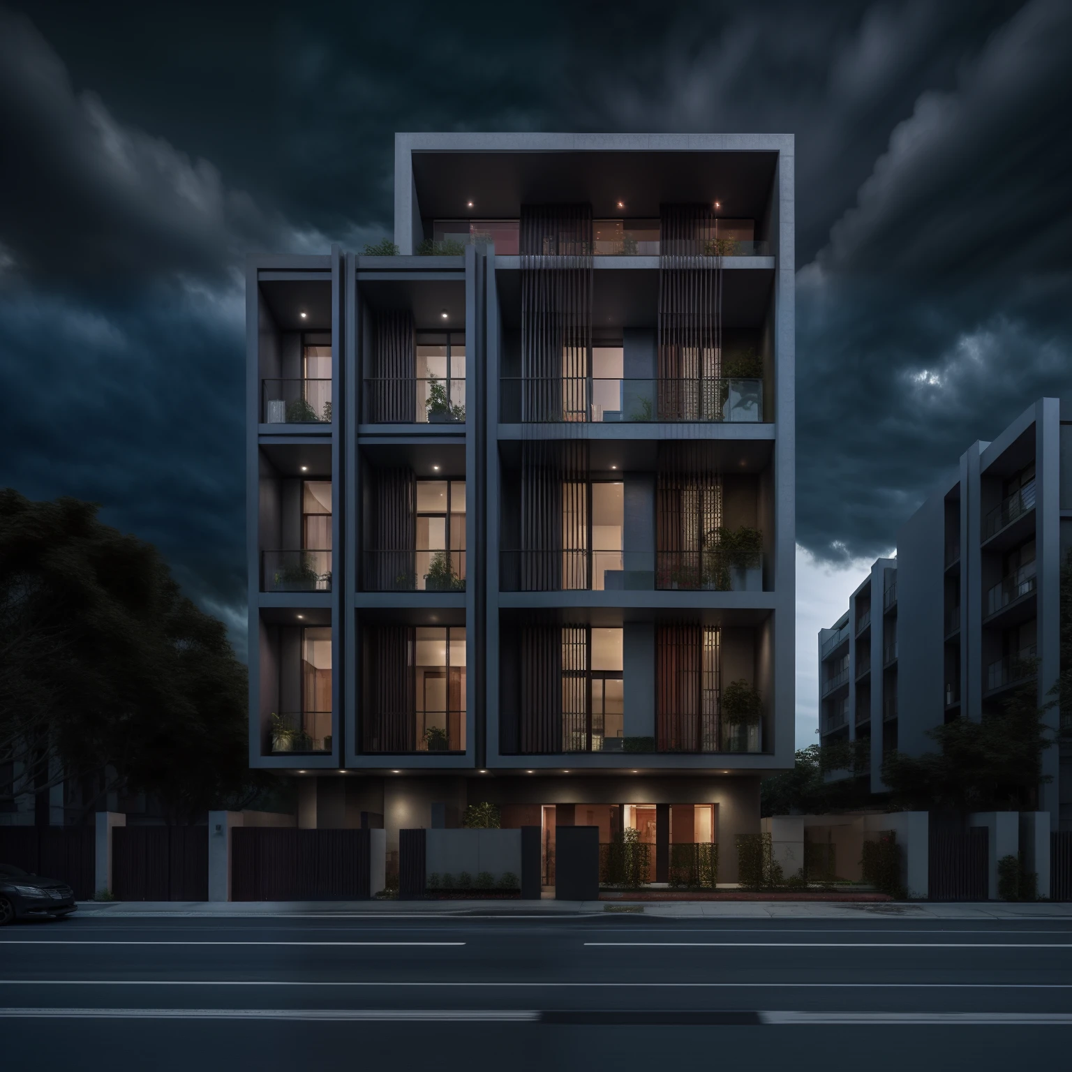 modern achitecture, (glass window:0.8), traffic streetultra realistic, masterpiece, best quality, raw photo, super detail, dark sky, dark night, dark theme,