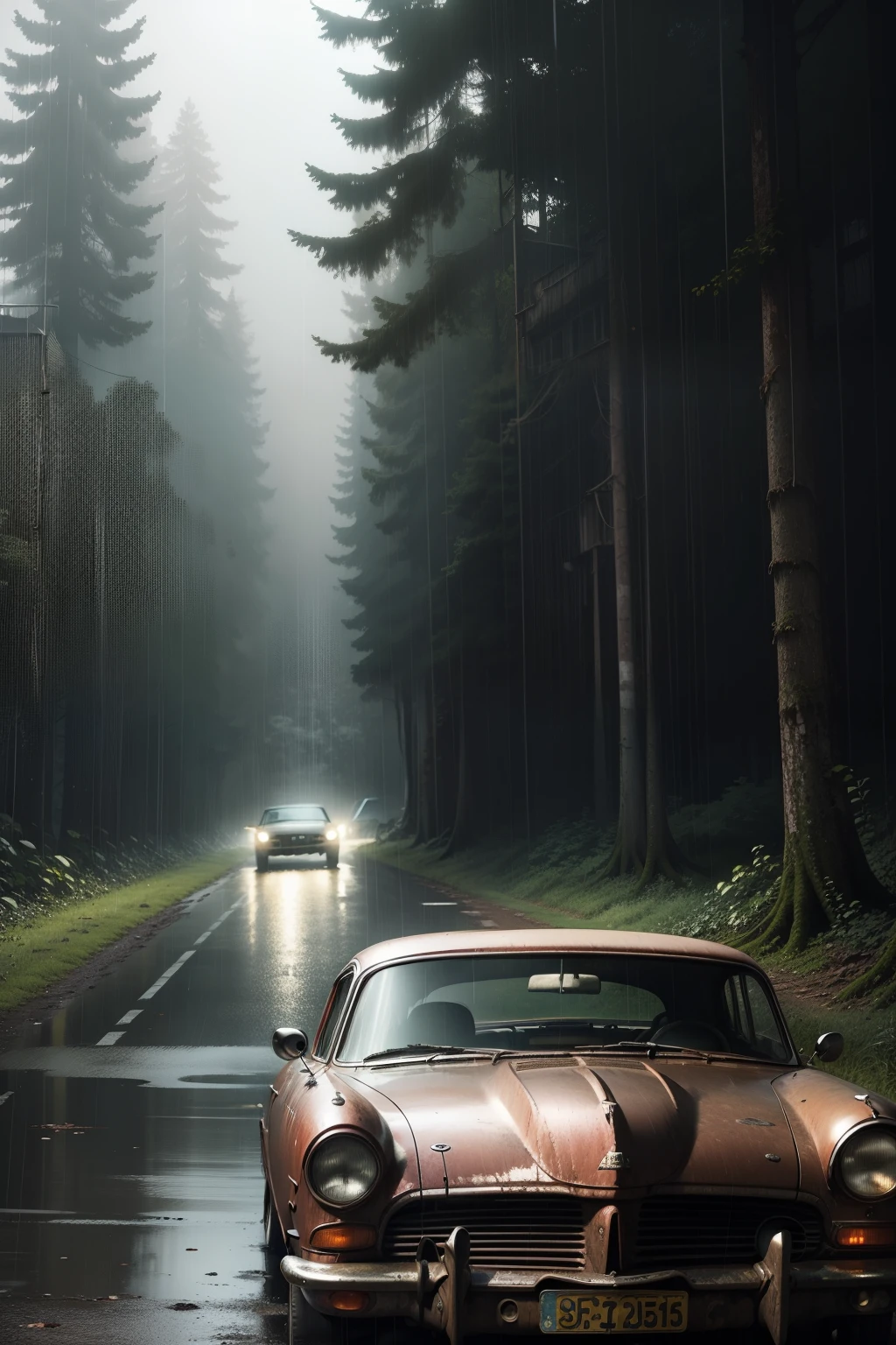 classic car abandoned in a deep forest old buildings in the distance raining at night red lights glaring