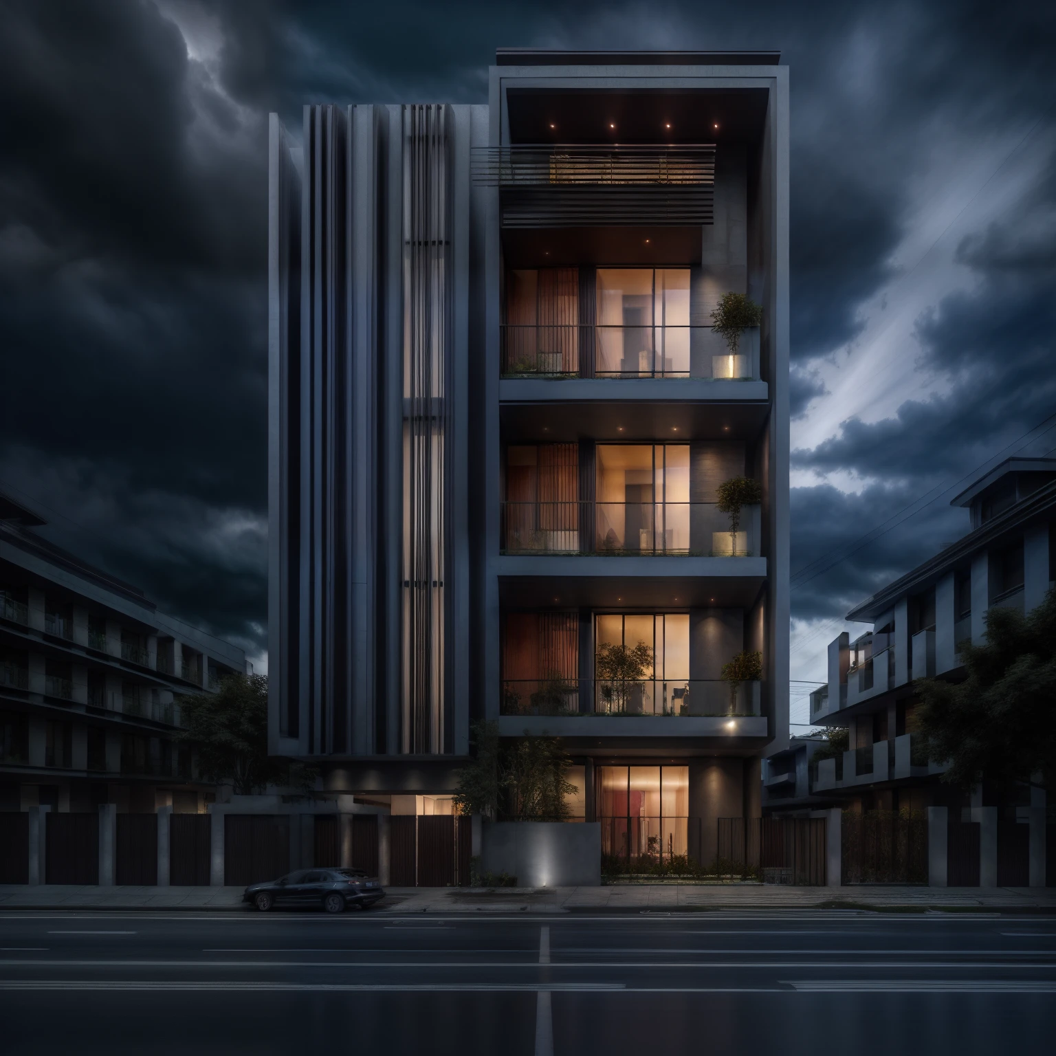 modern achitecture, (glass window:0.8), traffic streetultra realistic, masterpiece, best quality, raw photo, super detail, dark sky, dark night, dark theme,