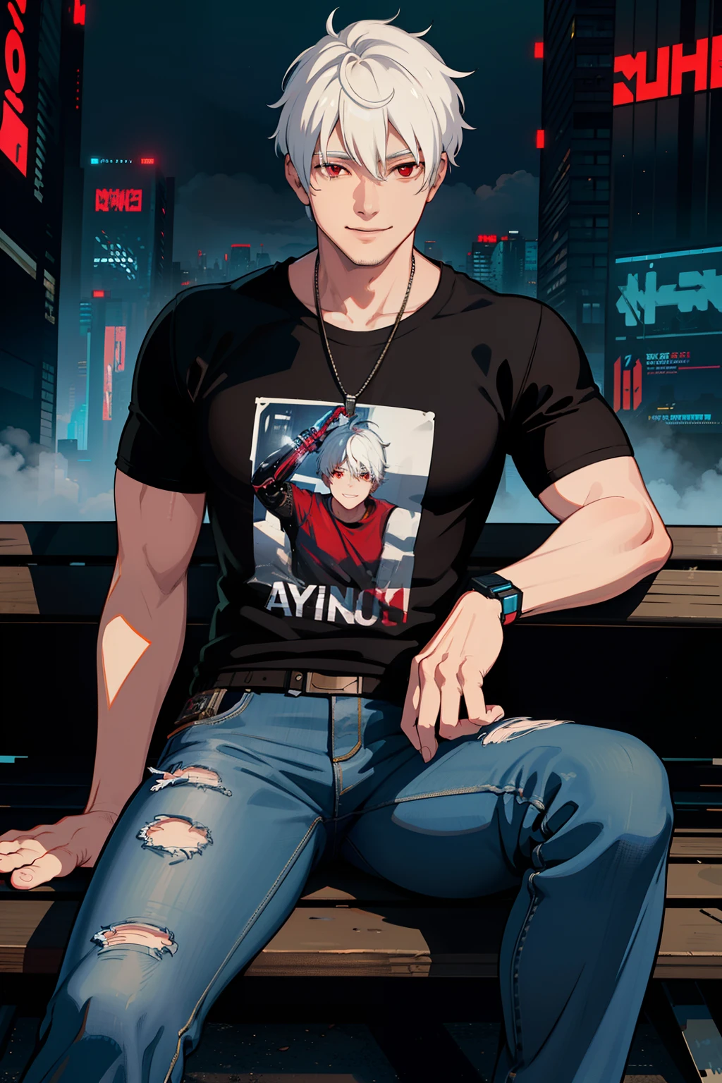 masterpiece, high quality, best quality, beautiful, hd, realistic, perfect lighting, detailed face, detailed body, 1 man, (white hair), red eyes, manly, (brutal), black t-shirt, jeans, sitting on a bench, ((cyberpunk)), (fog), smile