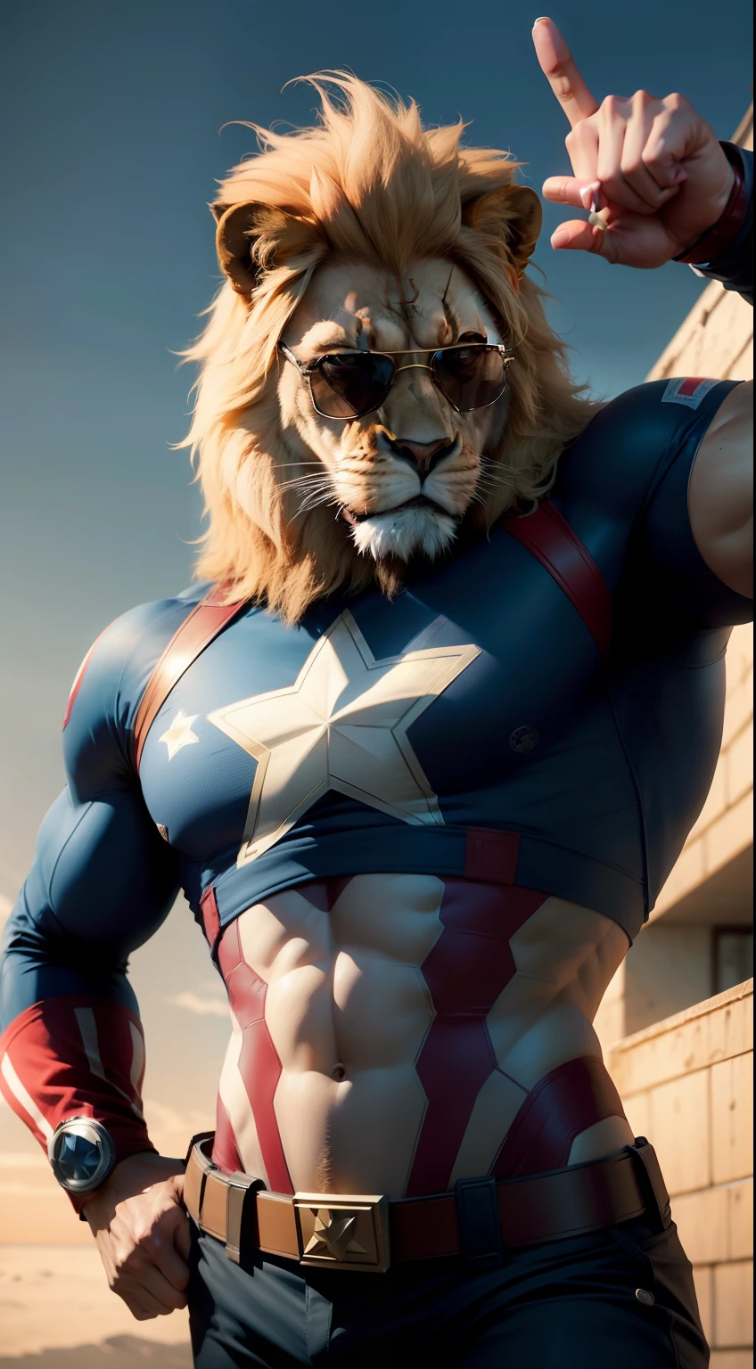 A comical lion dressed as captain America,sporting sunglasses, striking a human-like pose.,Hd, accuracy face and body