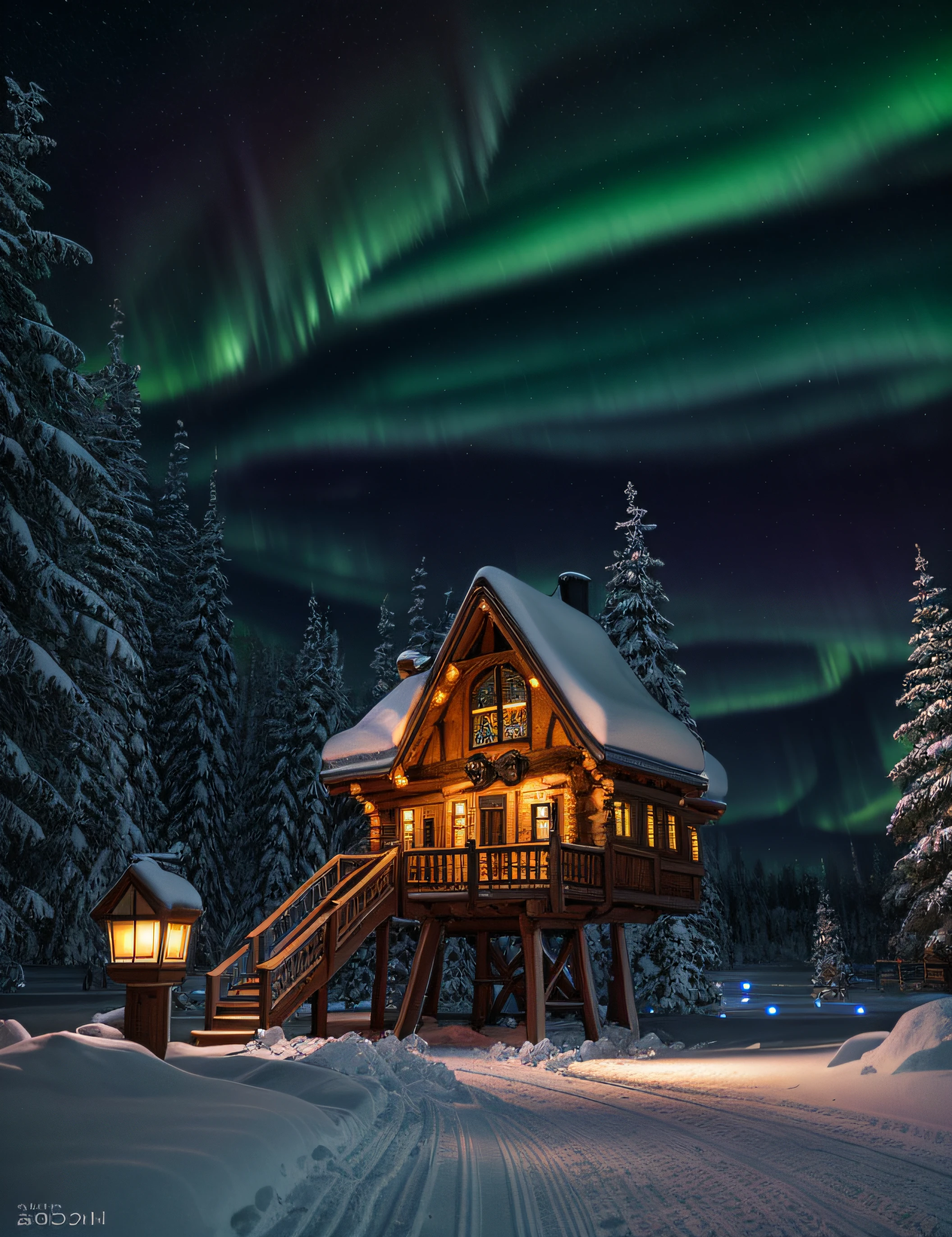 knollingcase, winter scenery of treehouses village inside of snow globe, aurora borealis, transparent data visualization, trending on art station, by Tom Bagshaw and Seb McKinnon, ultra detailed, hyper-realistic, cinematic, dramatic lighting, volumetric lighting, 150mm, octane render, photorealistic, denoise, photograph with a Hasselblad H3DII