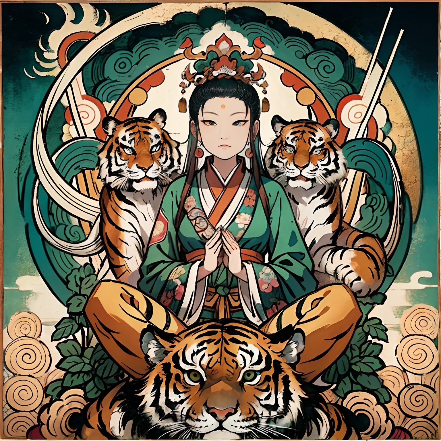 an ancient Chinese goddess, guanyin of the southern seas, Guanyin, Inspired by India, Avalokiteshvara rides a tiger,,Serene expression,shui mo hua,Buddha,Buddhist,Lotus,Chinese painting style,Thangka style