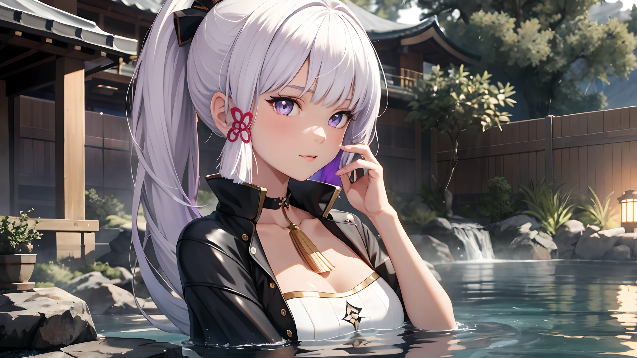 1girl, white hair, purple eyes, portrait, realistic, towel, (onsen), sidelighting, wallpaper, nsfw,Black clothes