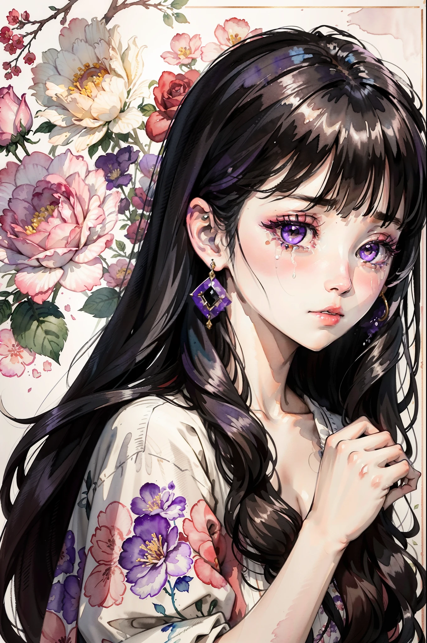 (Watercolor: 1.3), (Watercolor), Ink, A Beautiful Girl, Solo, Rose Flowers of Multiple Colors, Portrait, Leaves, Bangs, Black Hair, Long Hair, Purple Eyes, Flower Earrings, (Crying), Full Body Portrait, 4K Resolution, High Resolution, Ultra High Resolution, Epic Shooting, Detailed, Accurate, Detailed, (Masterpiece)