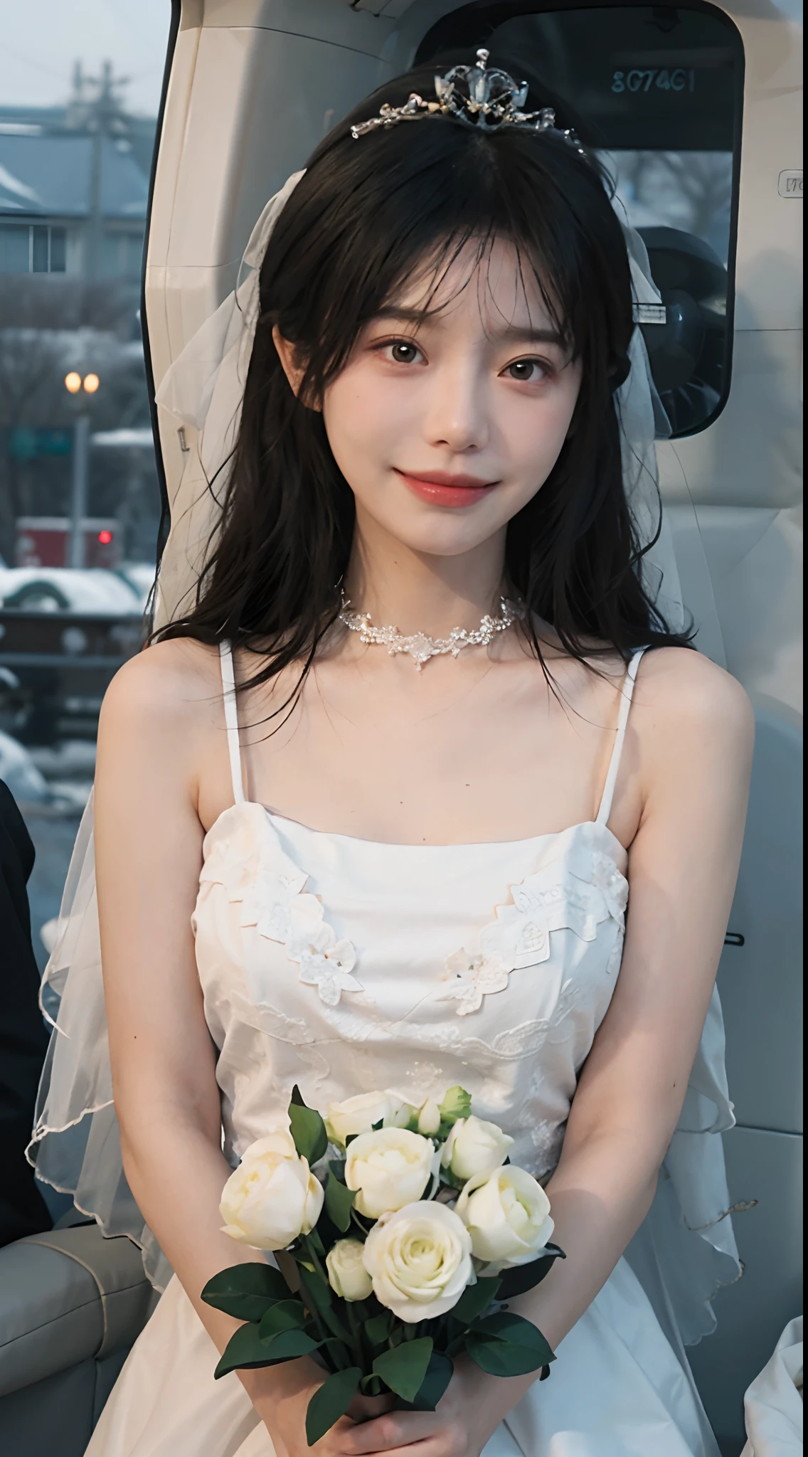 best qualtiy,tmasterpiece,超高分辨率,(realisticlying:1.4),2girls,winking,Large wavy curls,Goose egg face,tiara crown,Enchanted smile,二重まぶた,A pair of peach blossom eyes,Snow-white lace wedding dress,Pure,choker necklace,adolable,Snow-white translucent skin,head straight-looking at viewer,On a helicopter,Full of atmosphere,hair pin:1.4,(The upper part of the body:1.4),
