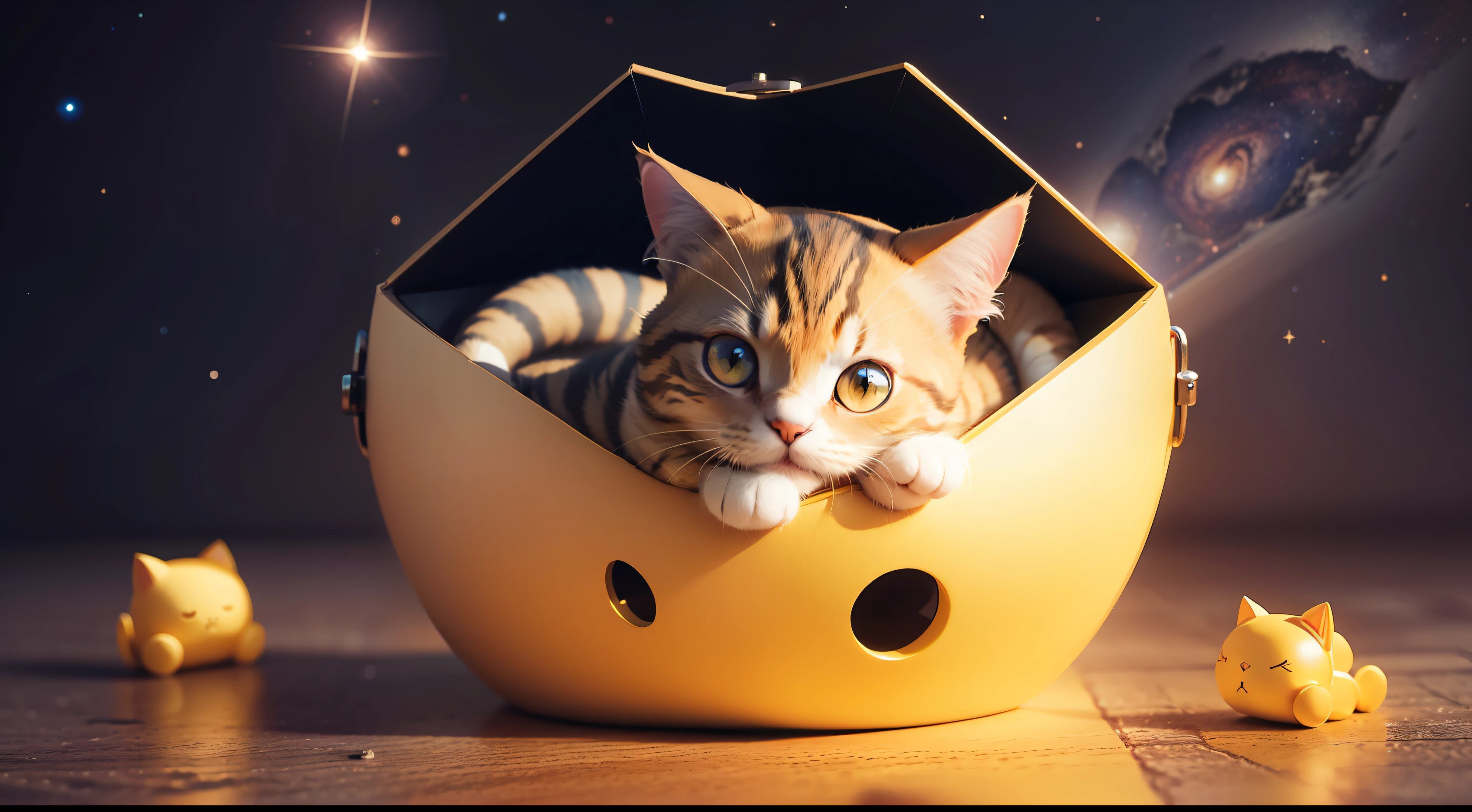 Super cute cat full body 3d drawing, adolable, popmart blind box, The room is outer space, Relaxed