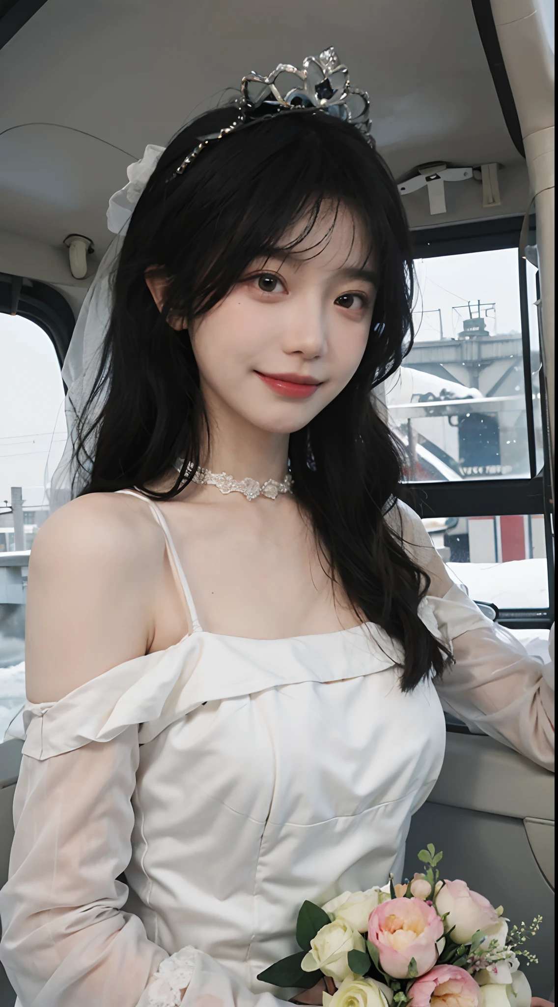 best qualtiy,tmasterpiece,超高分辨率,(realisticlying:1.4),2girls,winking,Large wavy curls,Goose egg face,tiara crown,Enchanted smile,二重まぶた,A pair of peach blossom eyes,Snow-white lace wedding dress,Pure,choker necklace,adolable,Snow-white translucent skin,head straight-looking at viewer,On a helicopter,Full of atmosphere,hair pin:1.4,(The upper part of the body:1.4),