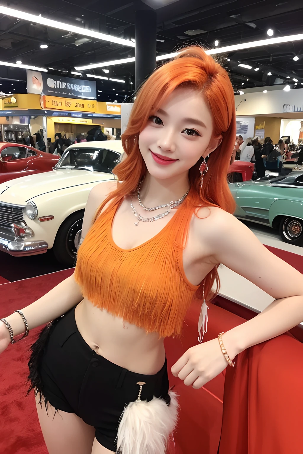 (extra detailed body、extra detailed face、best qualtiy:1.2)、femele、looking at the viewers、(Orange hair fancy hair ornament、15yo student、Outstanding smile、Earrings of shoulder-length bird feathers,、Fancy Necklaces、Bracelets、Tank tops、Split abs、JINS)、(American Car Exhibition Hall:1.4)