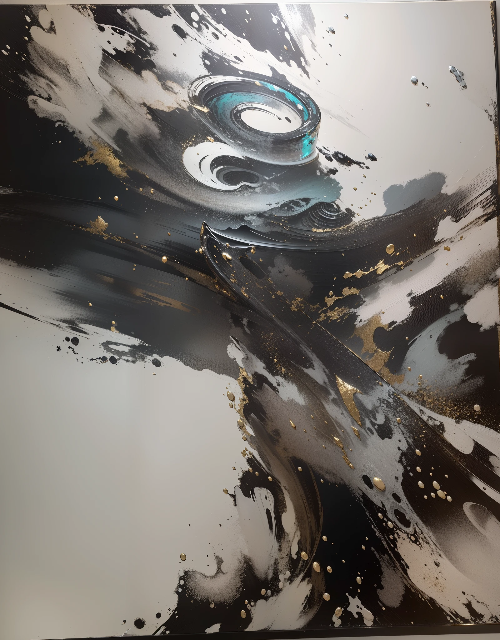 A painting of a black and white abstract painting with gold paint ...