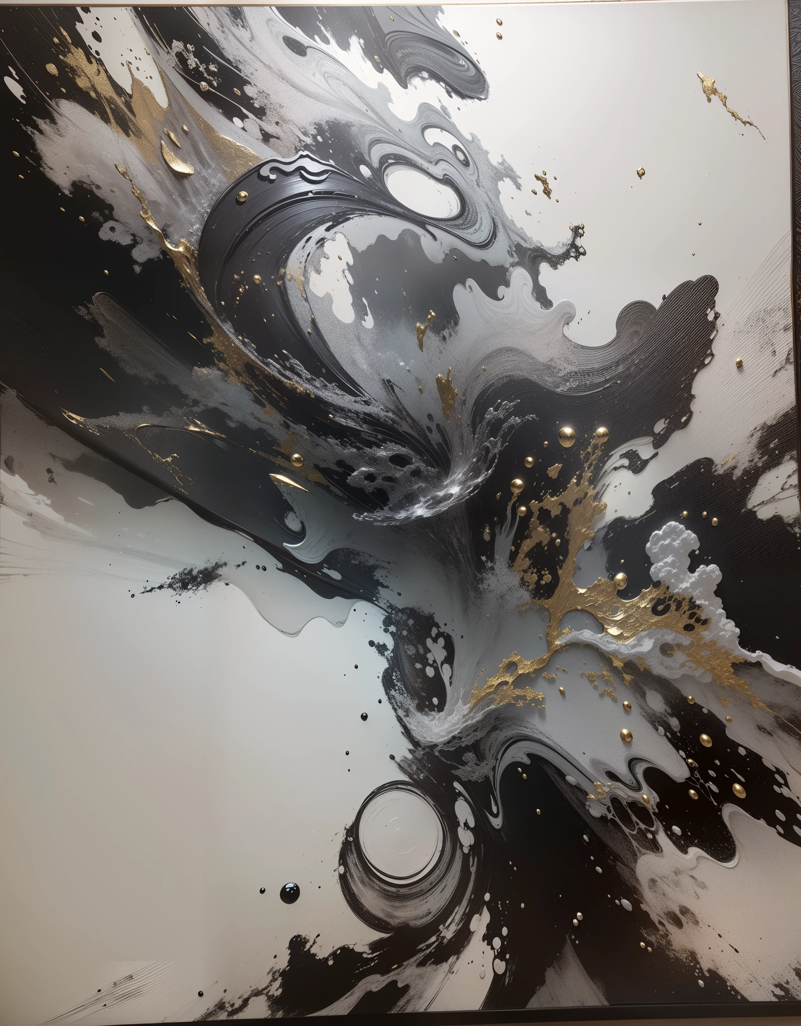 Oil painting in acrylic,Three-dimensional feeling,Chinese black and white style abstract painting,Black charcoal,gold foil,Leave white space,Abstract stream of consciousness,Three-dimensional feeling,World Masterpieces,Splash ink,metallic luster,Jade texture,Ultra-avant-garde style。