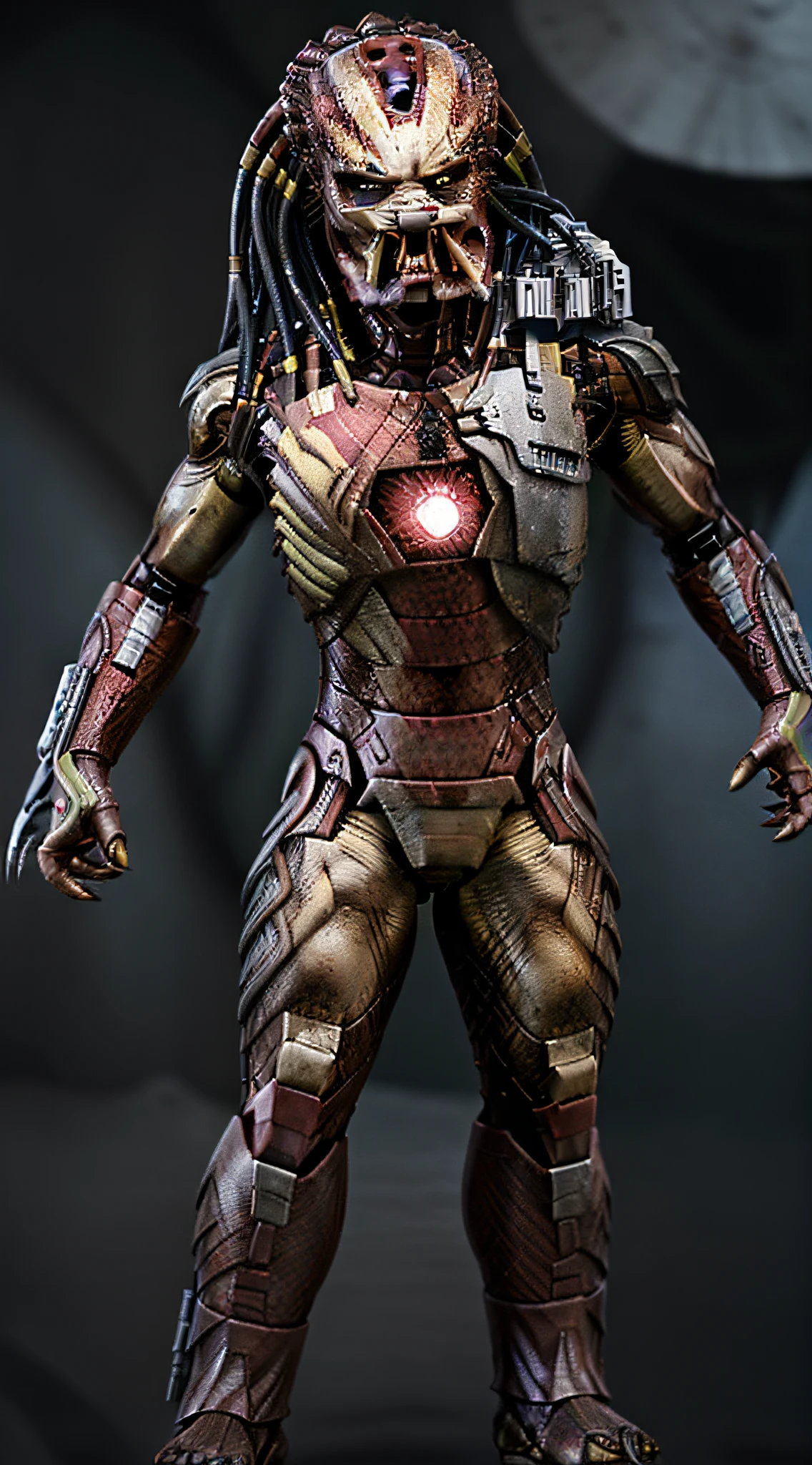 Close-up, Predator male, ((ironman suit):1.4), ((((emphasis on Predator head)))), perfect eyes, ((perfect detailed face and teeth):1.2), ((realistic skin):1.2), fotorrealista, ultra-detalhado, detalhes intrincados, super detalhado, volumático, HDR, Realistic, Motor irreal, 16k, foco nítido, octan render, da mais alta qualidade, Foto RAW, cinematic  composition,