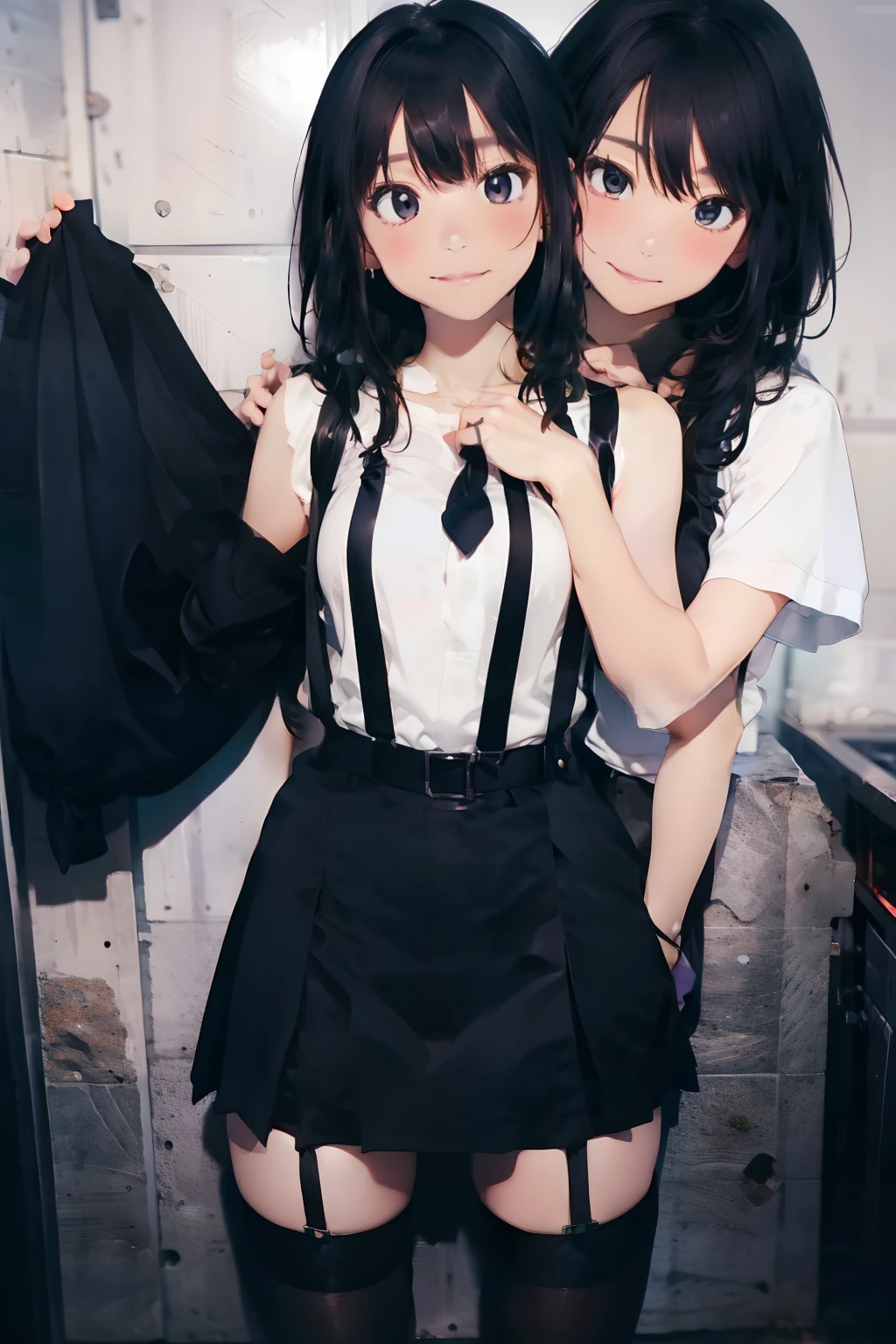 a black skirt, neck tie, Tank tops suspenders, Long Black Hair, Gray eyes, holster, Garter belt on the legs, Moderately breasts, hands above your head, Big breasts, Pichi Pichi clothes, both sides