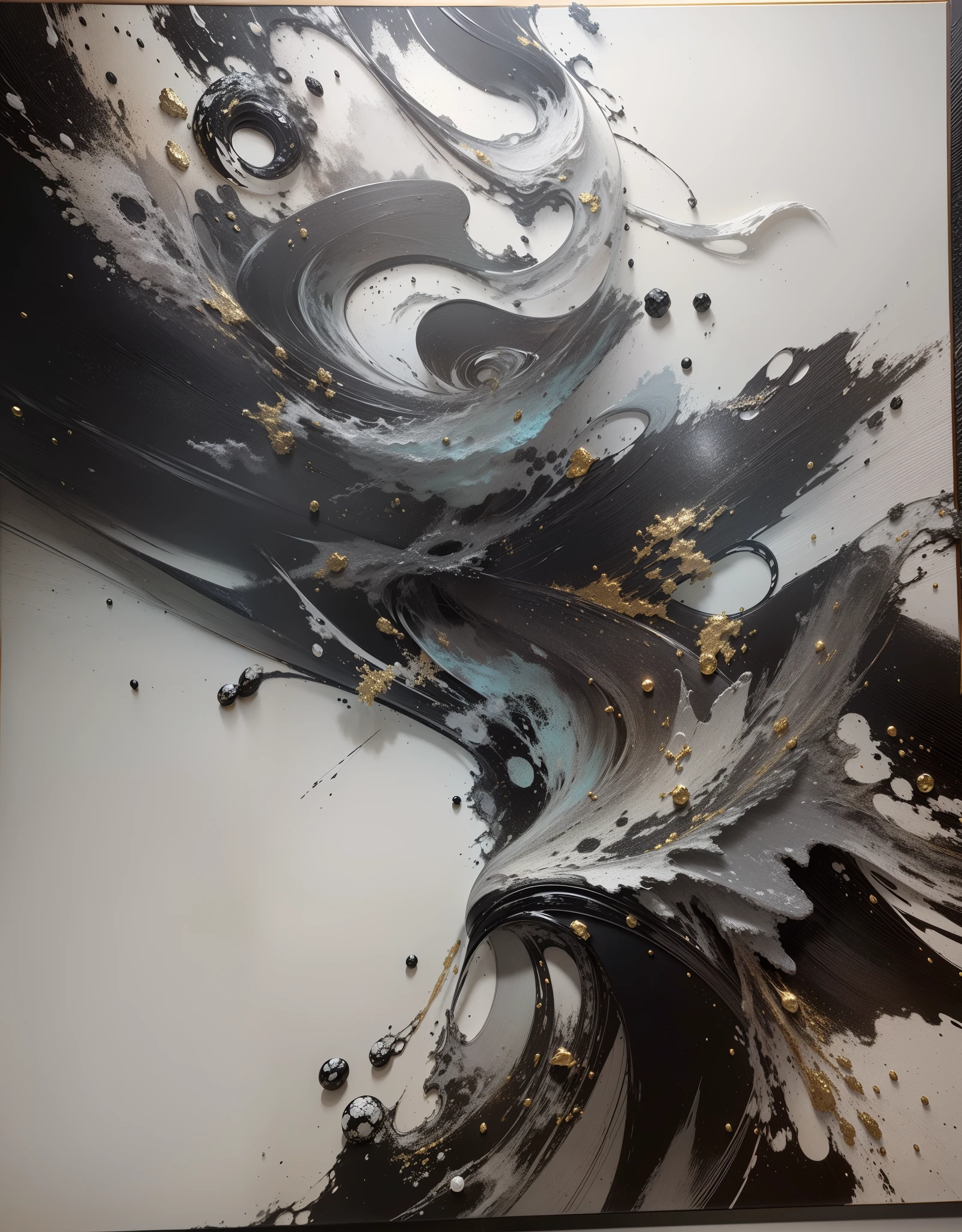 Oil painting in acrylic,Three-dimensional feeling,Chinese black and white style abstract painting,Black charcoal,gold foil,Leave white space,Abstract stream of consciousness,Three-dimensional feeling,World Masterpieces,Splash ink,metallic luster,Jade texture,Ultra-avant-garde style。