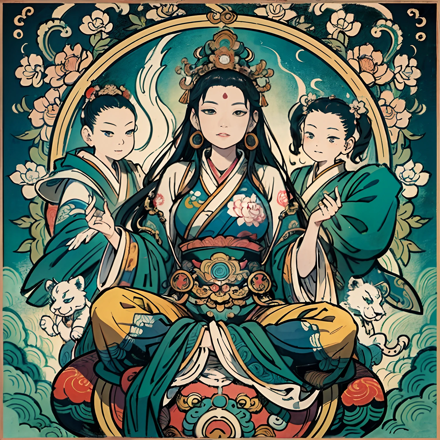 an ancient Chinese goddess, guanyin of the southern seas, Guanyin, Inspired by India, Avalokiteshvara rides a lion,,Serene expression,shui mo hua,Buddha,Buddhist,Lotus,Chinese painting style,Thangka style