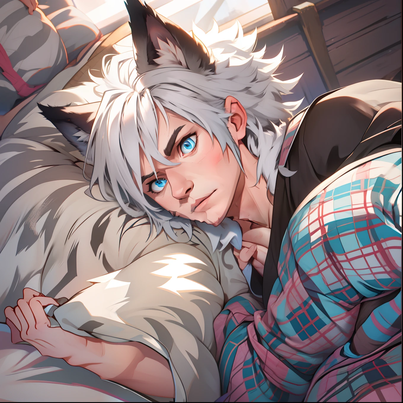 athletic young adult Male with light beard, has flowing white hair, has wolf ears, has wolf tail, shirtless, playful, solo, alone, has goofy look on his face, has bright blue eyes, wearingg plaid pajama pants, relaxing on a bed, sleepy