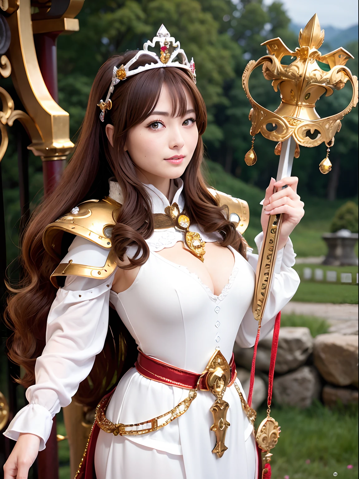 (masutepiece), Professional , ​masterpiece、top-quality、photos realistic , depth of fields （Gemstone Silver Metal Body:1.９),(Matte White、Jewel Gold Weapon、（Gorgeous castle background）、（Jewel Metal Body:1.４),Gorgeous Jewel Metal Weapons , Detailed Sword of the Brave ,（ Soldier background in metal armor）   ,warhammer 40k , adepta sororitas,Detail and ornate jewel crown、独奏、Brown hair、（Gangle's forest background）、Beautiful Caucasian beauty、１a person、dynamic ungle,(((Diamond tiara with detail and luxury)))、a small face、A smile、Powerful poses、（Gorgeous castle background）、huge filesize、20 year old beautiful woman、Stand in the center of the screen、Thin female fingers、Straight long hair、Beautiful Caucasian beauty、