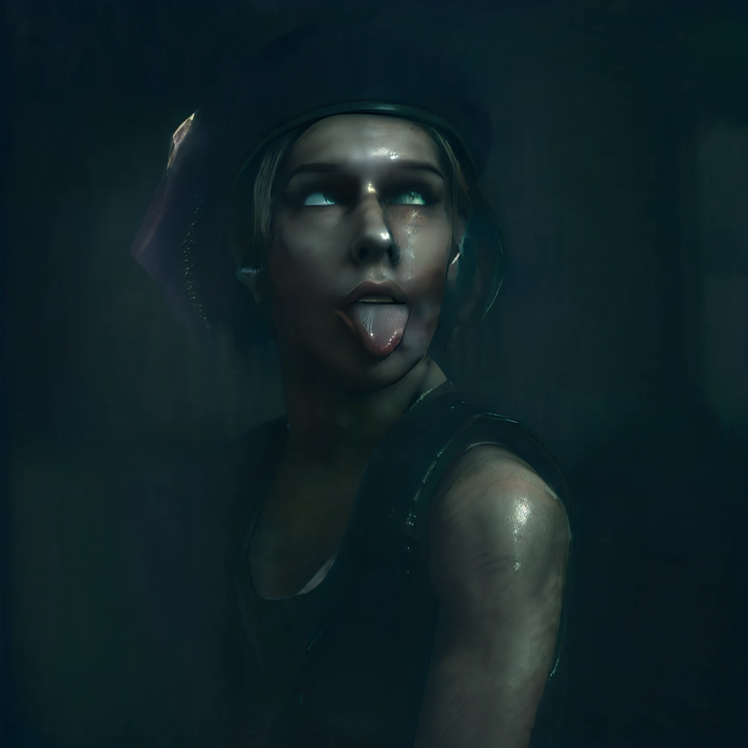 (masterpiece:1.3, Best Quality:1.3), (Photorealistic:1.3) (Bokeh), (Detailed), (High resolution, 32K HDR), 1girl in, (Portrait of Jill Valentine:1.2), (beret:1.3, Shoulder pads:1.15, nude :1.5), (Broken windows:1.05, In an abandoned old mansion:1.5, In the deep forest:1.1, Dark atmosphere:1.9), (hyper derailed face:1.55, Ultra-realistic skin texture:1.35, Detailed eyes:1.25), (ultra gigantic tits:1.75, Realistic :1.35), (exposed armpit:1.4, squat down:1.2, Open legs:1.7, Tongue out:1.5, Ahegao:1.5),