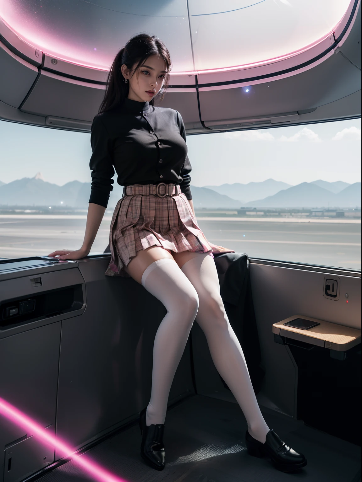 (full body:2),(1girl:1.3),(view the viewer:1.4),(anatomy correct:1.45),(Sitting on the wing of an airplane, taking photos with a mobile phone:1.35),(very thick printed pantyhose:1.4),(A mature and sensual woman Wear printed fantasy colorful JK student uniform pleated skirt and uniform pointed high-heeled leather shoes :1.35),(A woman with large buttocks, breasts, and a slender waist:1.4), (Light particle effect:1.3),(In pink | amarelo | blue colors| green color |red color | white colors| black in color| purplish color| greys| Beige| Flesh color 1.4),(Glowing eyes:1.3),(Large amplitude action: 1.3),(Accurate and perfect face:1.4),hyper HD, Ray traching, reflective light,structurally correct, Award-Awarded, high detail, lighten shade contrast, Face lighting,cinmatic lighting, tmasterpiece, super detailing, high quality, high detail, best quality, 16k,High contrast,