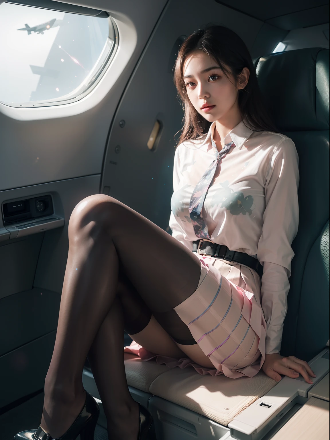 (full body:2)，(1girl:1.3),(view the viewer:1.4)，(anatomy correct:1.45),(Sitting on the wing of an airplane, taking photos with a mobile phone:1.35),(very thick printed pantyhose:1.4),(A mature and sensual woman Wear printed fantasy colorful JK student uniform pleated skirt and uniform pointed high-heeled leather shoes :1.35)，(A woman with large buttocks, breasts, and a slender waist:1.4), (Light particle effect:1.3),(In pink | amarelo | blue colors| green color |red color | white colors| black in color| purplish color| greys| Beige| Flesh color 1.4)，(Glowing eyes:1.3),(Large amplitude action: 1.3)，(Accurate and perfect face:1.4),hyper HD, Ray traching, reflective light，structurally correct, Award-Awarded, high detail, lighten shade contrast, Face lighting，cinmatic lighting, tmasterpiece, super detailing, high quality, high detail, best quality, 16k，High contrast,