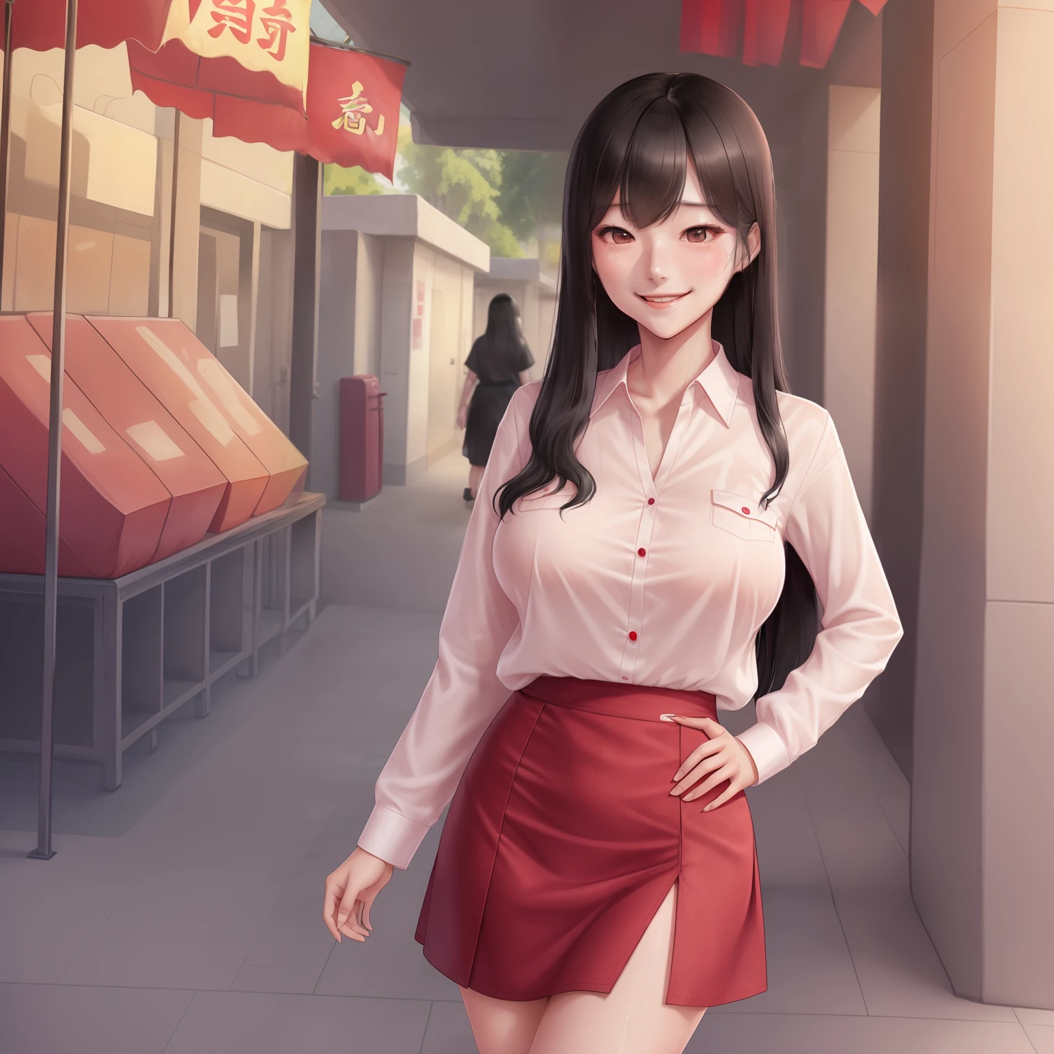 1girl,he tall,long wet black hair,super big breast,(P cup),age 17,happy and smile very detailed face,long chinese shirt and skirt outfit,full body,red peach lips,her nose and cheek was red