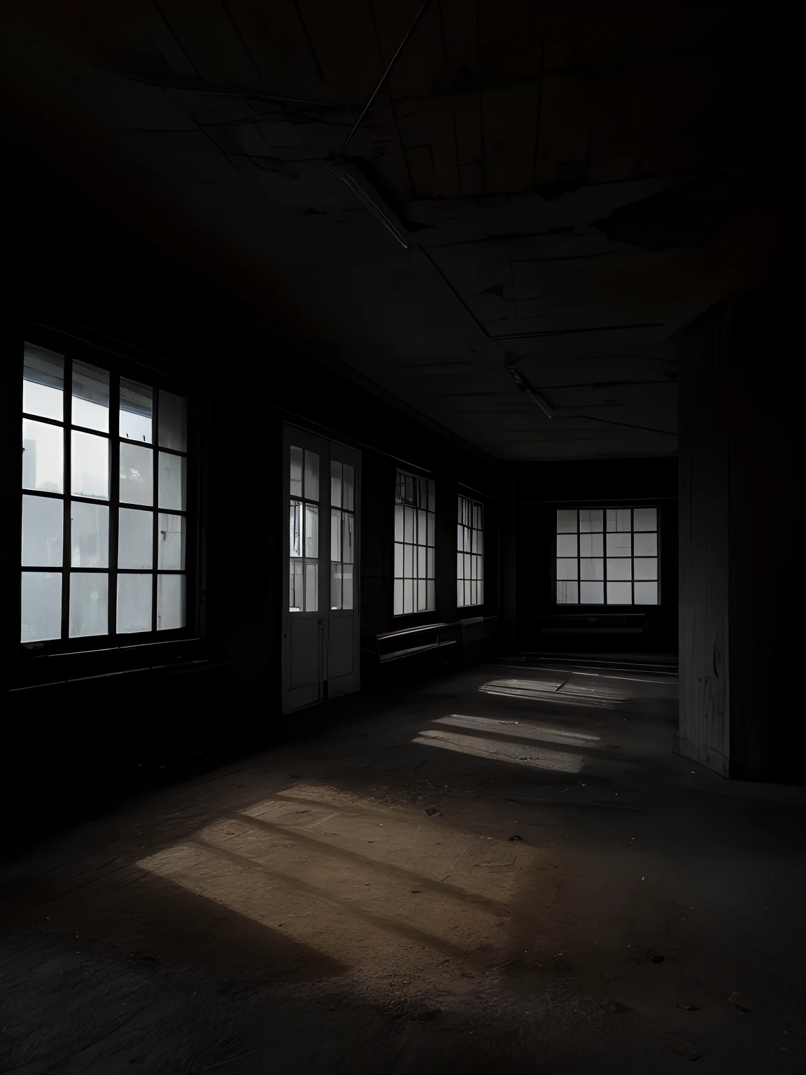 Sala vazia com janelas e muita luz, Luz proveniente das janelas, muito escuro e abandonado, sala cheia de sombra com sombrio, luz vinda das janelas, Dim warehouse, atmosfera industrial escura, Light through windows, in an abandoned office building, quarto escuro e nebuloso, Por dentro de Berghain, unsettling creepy liminal space, the scary empty liminal spaces