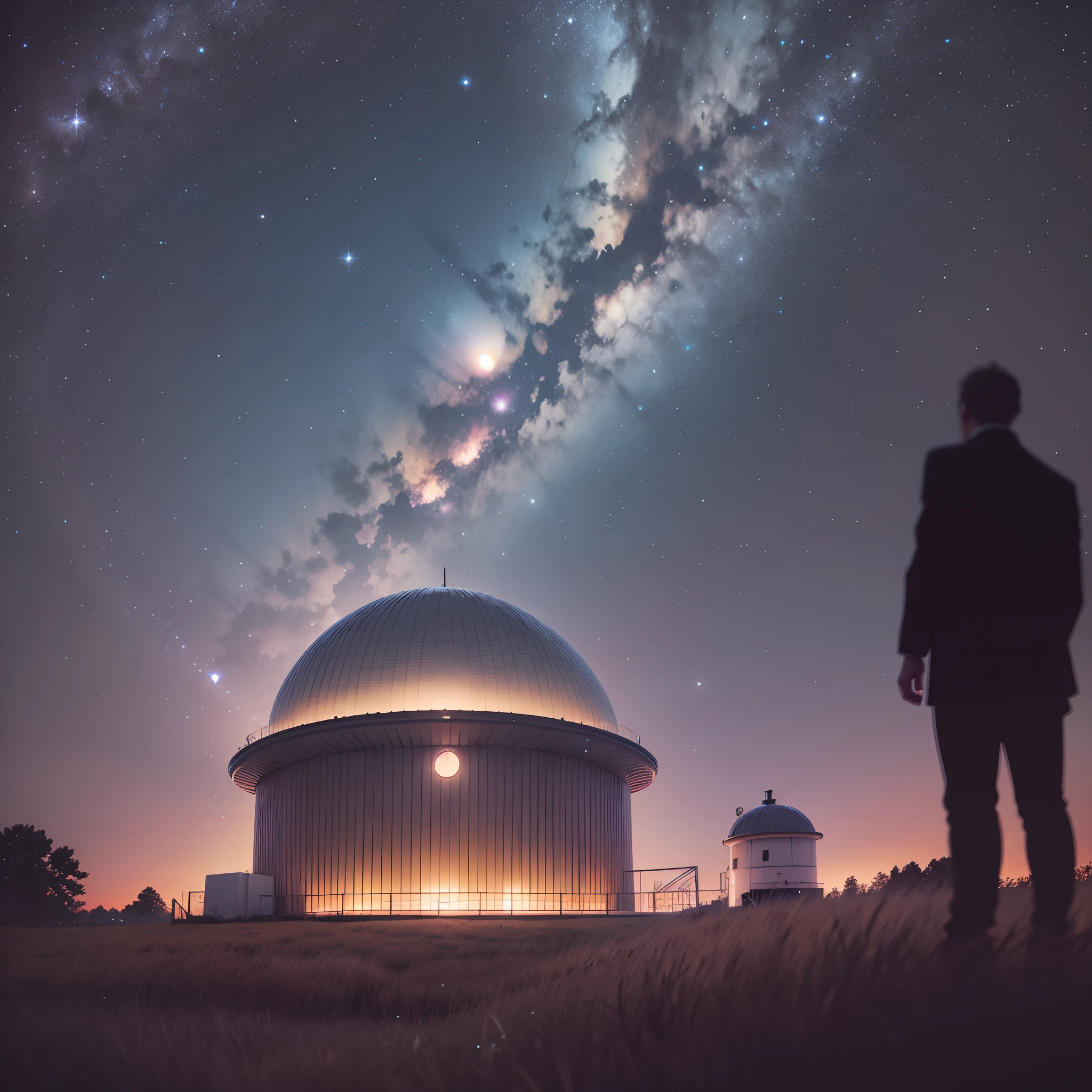 (Low Angle Shot - Astronomer's Reverie): "Capture the awe-inspiring sight of the Celestial Observatory against the night sky. Film from a low angle to emphasize the towering observatory structure, bathed in moonlight, as an astronomer gazes upward." --auto --s2