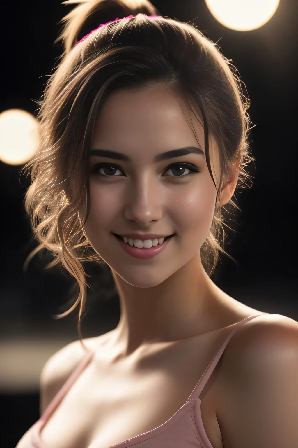 night scene, close up photo of a sexy girl, posing, look at a camera and smile, pink ponytail hair, (green eyes:0.8), cute young face, 18 yo, soft volumetric lights, (backlit:1.3), (cinematic:1.3), intricate details, (ArtStation:1.2)