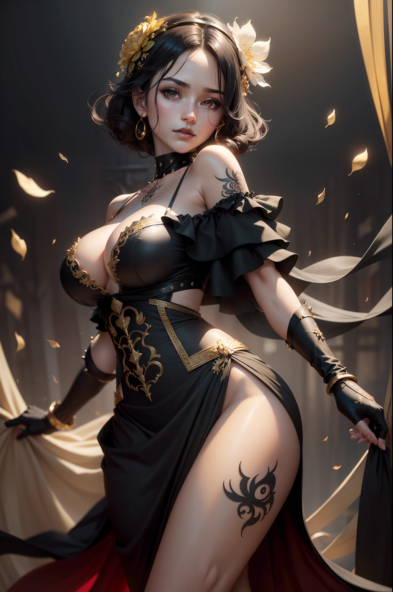 photorealistic, high resolution, soft light,1women, solo, hips up, (detailed face),tattoo, jewelry, bare shoulders, black background, black dress, black gloves, black hair, breasts, closed mouth, cowboy shot, dress, earrings, expressionless, fingerless gloves, floating hair, gloves, gold earrings, gold hairband, hair flower, hair ornament, hairband, jewelry, large breasts, light particles, long hair, looking at viewer, off-shoulder dress, off shoulder, petals, red eyes, short hair with long locks, sidelocks, solo, spikes, thighs, two-sided dress, two-sided fabric