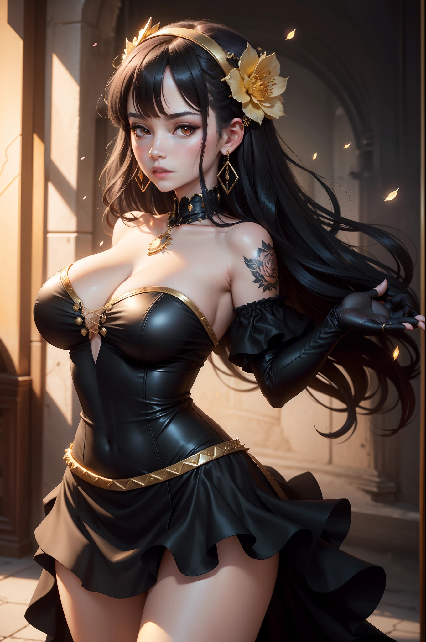 photorealistic, high resolution, soft light,1women, solo, hips up, (detailed face),tattoo, jewelry, bare shoulders, black background, black dress, black gloves, black hair, breasts, closed mouth, cowboy shot, dress, earrings, expressionless, fingerless gloves, floating hair, gloves, gold earrings, gold hairband, hair flower, hair ornament, hairband, jewelry, large breasts, light particles, long hair, looking at viewer, off-shoulder dress, off shoulder, petals, red eyes, short hair with long locks, sidelocks, solo, spikes, thighs, two-sided dress, two-sided fabric