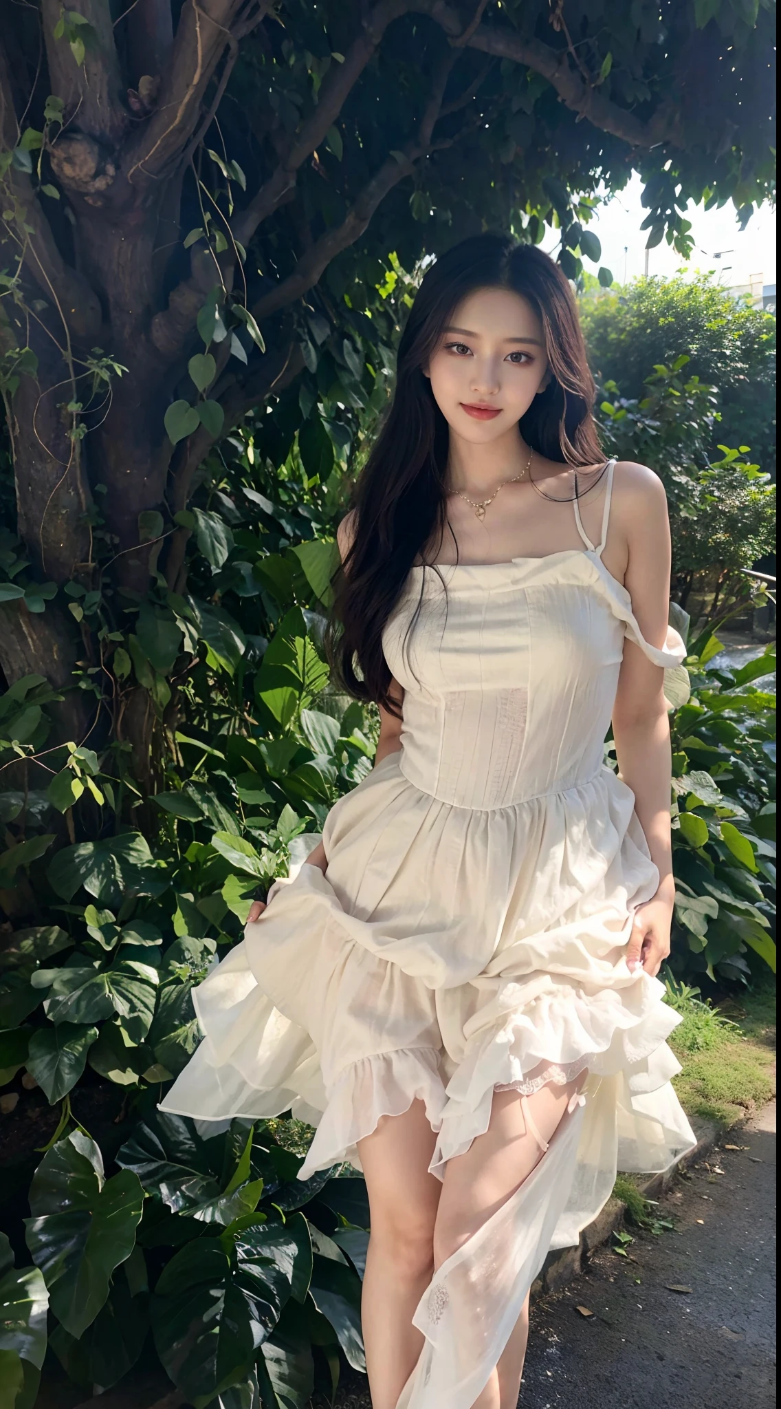 Arakfi woman in dress standing under a tree, shaxi, bae suzy, Romantic dress, dreamy dress, Ethereal and dreamy, rococo ruffles dress, wearing organza gown, Ethereal beauty, Shin Jinying, Dreamy and ethereal, blackpink jennie, tzuyu from twice, wearing flowing dress, ethereal fairytale, 2 0 2 0 fashion