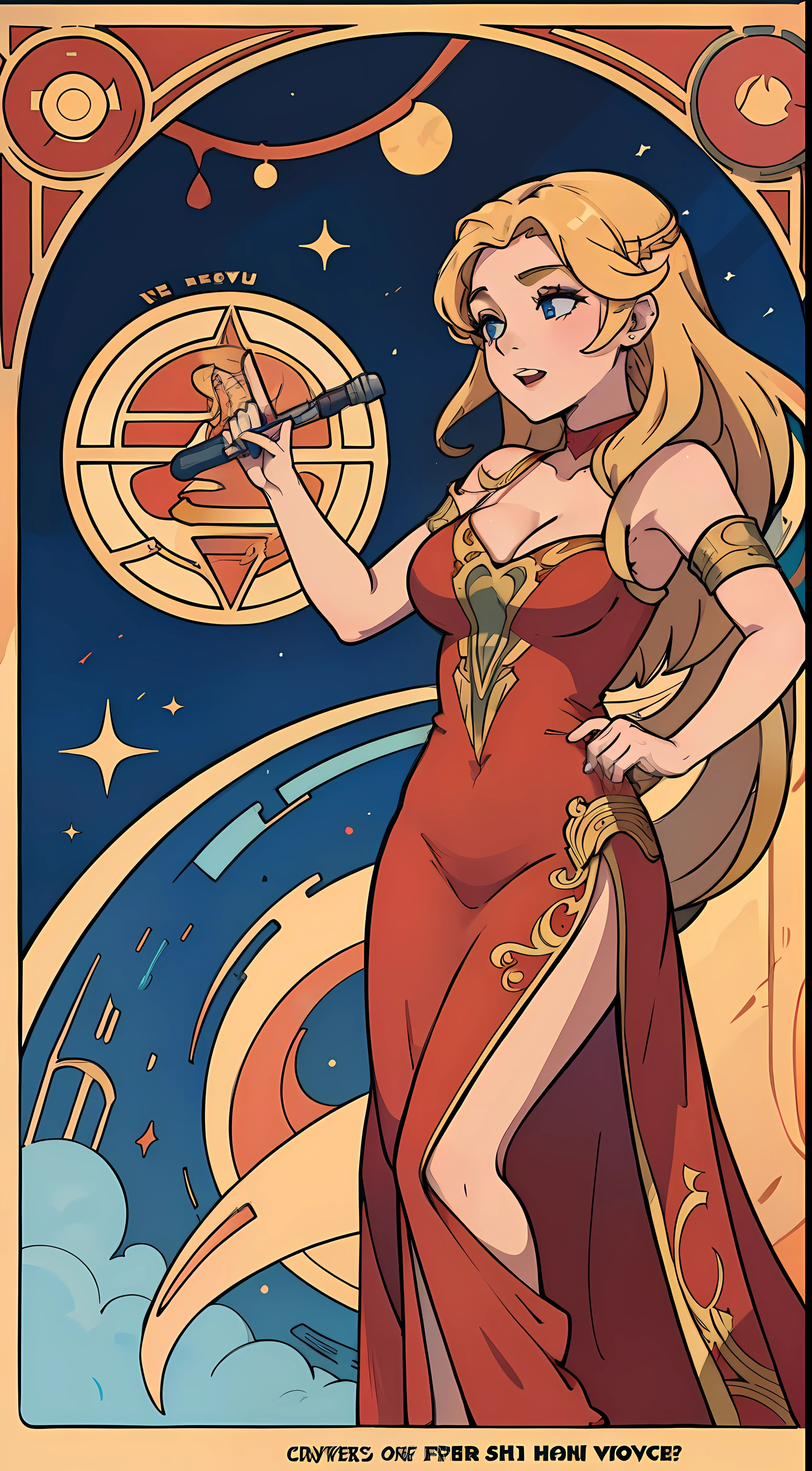 art nouveau style concert poster featuring a blonde woman singing wearing a sci-fi red dress, masterpiece, 4k , detailed