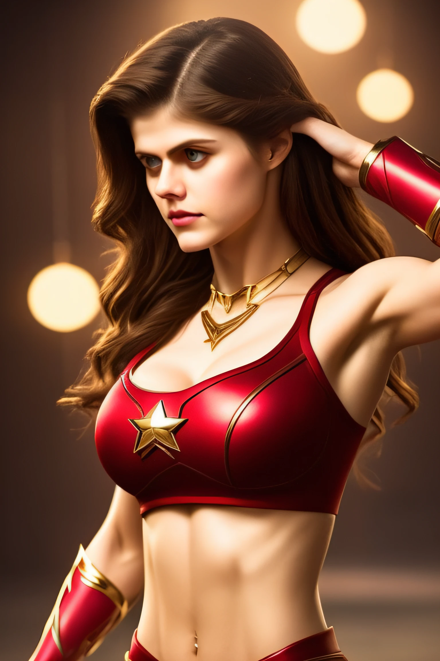 alexandra daddario as a beautiful female superheroine , green eyes brown hair, ponytail, red crop shirt, with a golden Star, wears a golden tiara on forehead with a red gem in her head , golden bracelets, long red boots, and small red shorts portrait photography by artgerm, in the style of realism, glistening skin, cartooncore, mangacore, natural lighting, Defined full lips. Muscular fitness feminine body