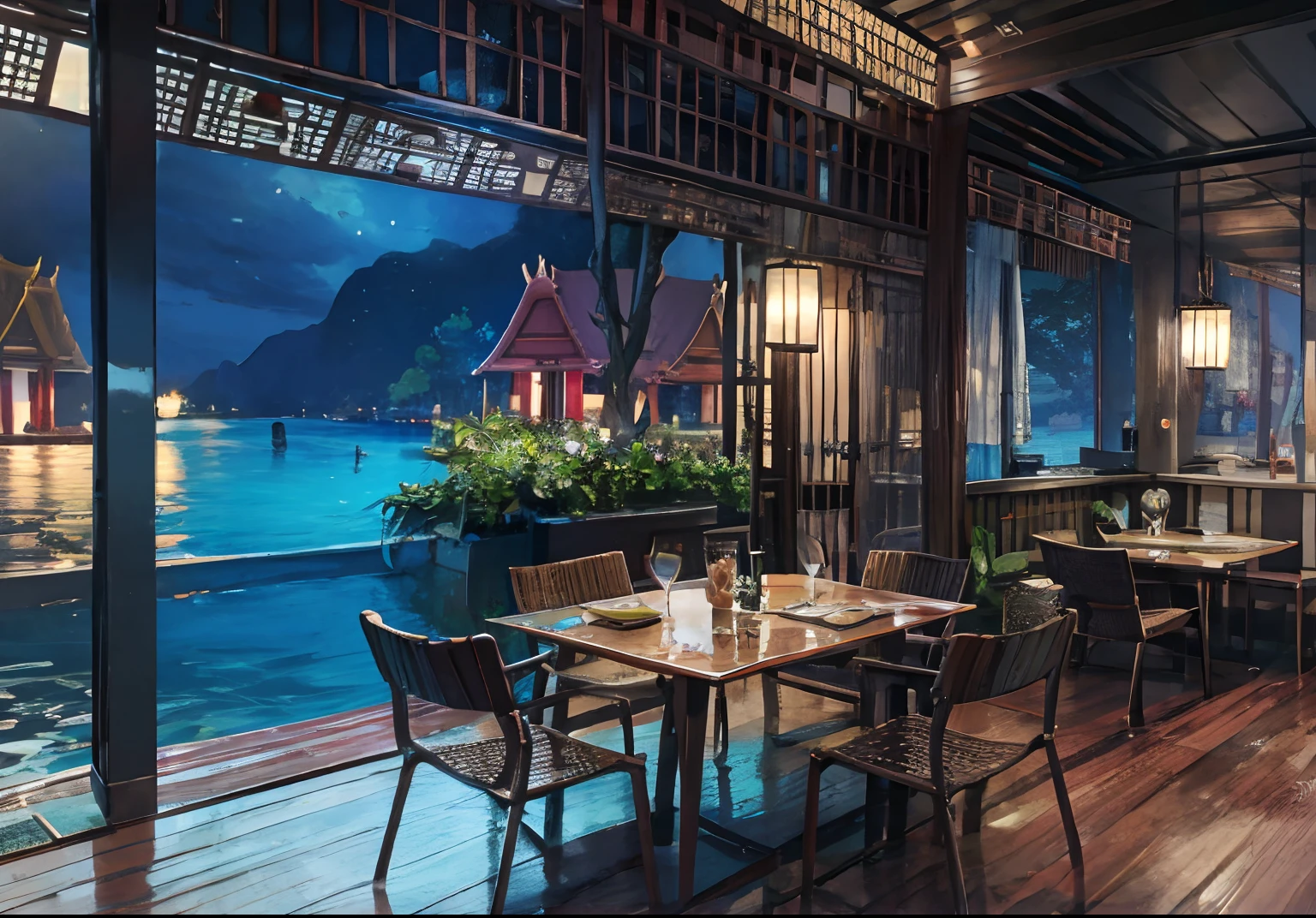 Interior design,insanely detailed wide angle architecture photography, cozy contemporary living room,(bright warm sunlight 1:0.1), award-winning contemporary interior design, scenery, RESORT HOTEL, (((THAI STYLE:1.2))), table, chair, indoors, TIMBER STRUCTURE, window, restaurant, SOUTHERN-east asian architecture, sliding doors, INDOOR LIGHTING, TABLE lampS, THAILAND ARTS & ORNAMENT, architecture, nature GARDEN, PATIO, (((WATERSCAPE:1.0))), INTERIOR DESIGN, Depth of Field, dark sky, dark night, dark theme,
