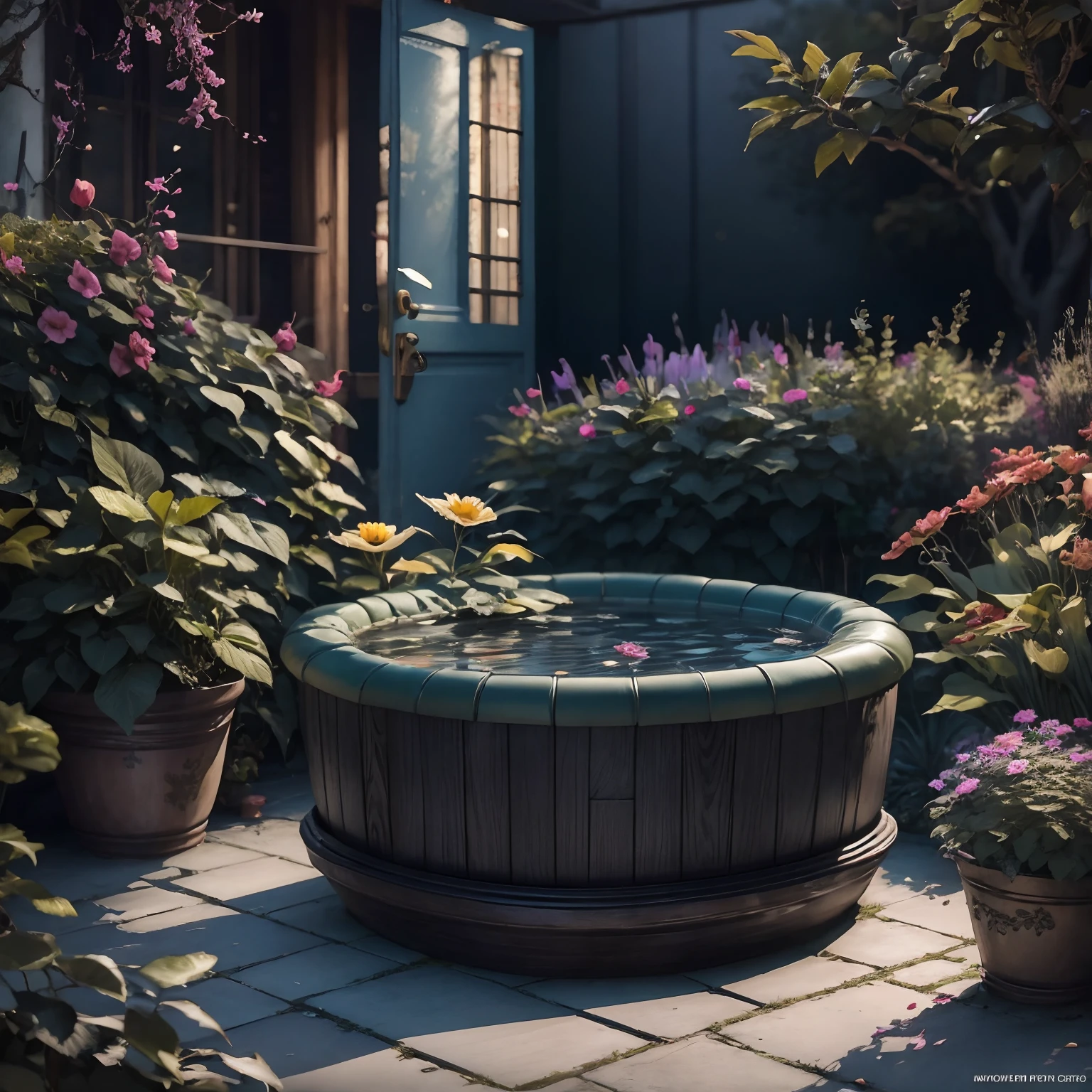 garden, fence, mailbox, letterbox, doorstep, door, front porch, porch, flower pots, pots, planter boxes, entryway, foyer, low stool, stool, garden bench, chair, butterflies, bees, flowers, water feature, wood hot tub, intricate background, stunning background, beautiful background, amazing background, no human, dark sky, dark night, dark theme,