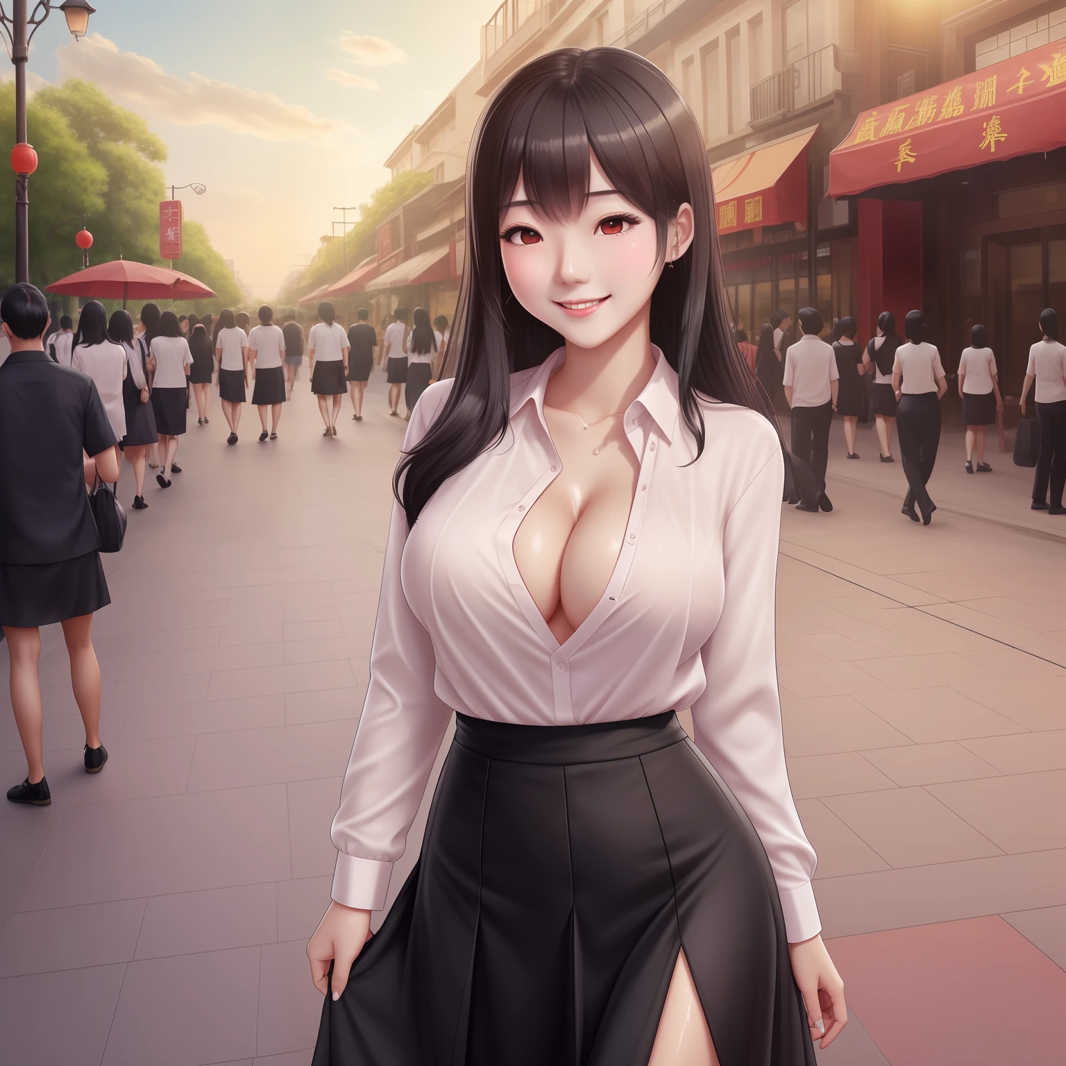 1girl,he tall,long wet black hair,super big breast,(P cup),age 17,happy and smile very detailed face,long chinese shirt and skirt outfit,full body,red peach lips,her nose and cheek was red,in city street