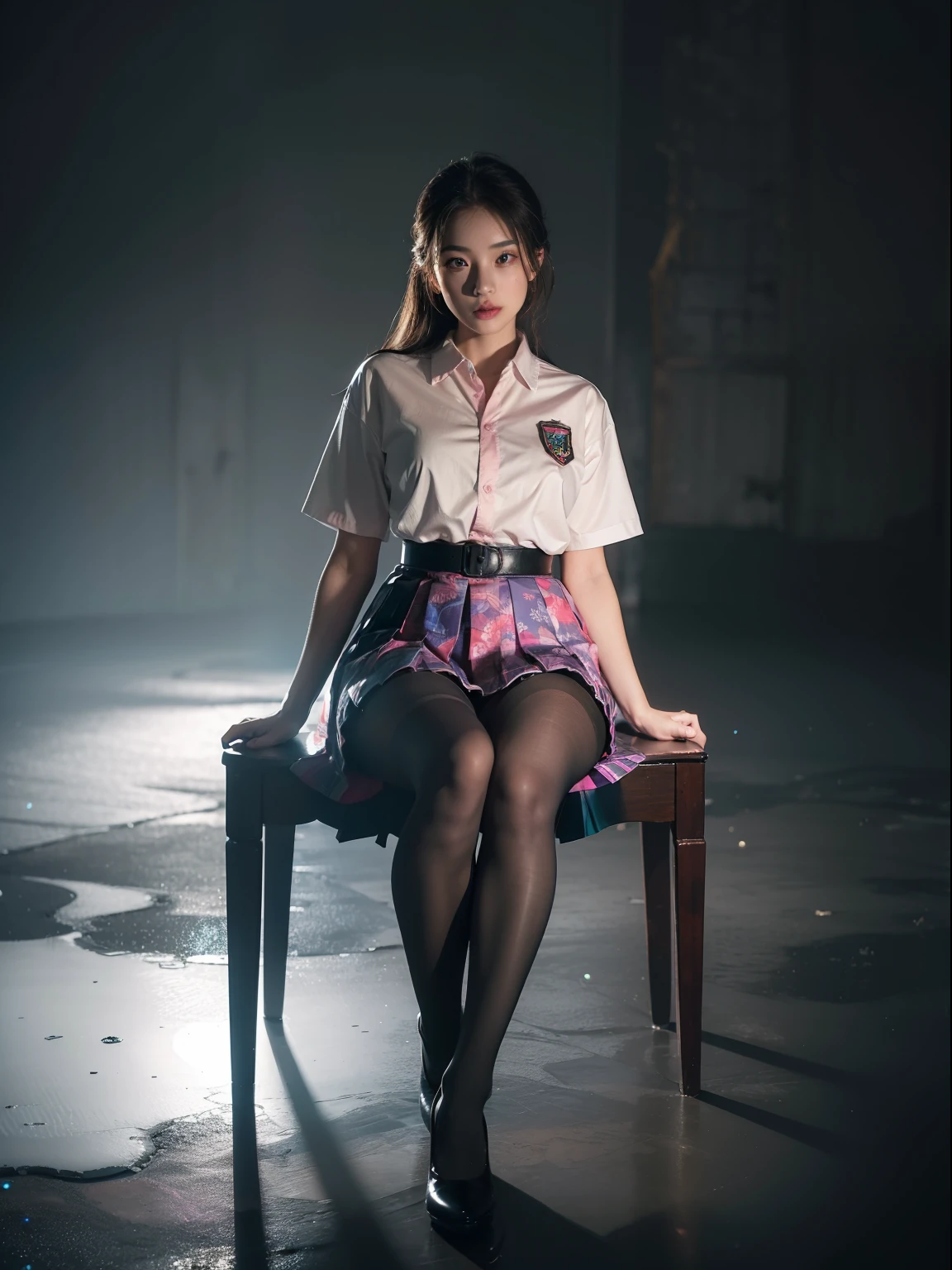 (full body:2),(1girl:1.3),(view the viewer:1.4),(anatomy correct:1.45),(Sitting by the stream:1.35),(very thick printed pantyhose:1.4),(A mature and sensual woman Wear printed fantasy colorful JK student uniform pleated skirt and uniform pointed high-heeled leather shoes :1.35),(A woman with large buttocks, breasts, and a slender waist:1.4), (Light particle effect:1.3),(In pink | amarelo | blue colors| green color |red color | white colors| black in color| purplish color| greys| Beige| Flesh color 1.4),(Glowing eyes:1.3),(Large amplitude action: 1.3),(Accurate and perfect face:1.4),hyper HD, Ray traching, reflective light,structurally correct, Award-Awarded, high detail, lighten shade contrast, Face lighting,cinmatic lighting, tmasterpiece, super detailing, high quality, high detail, best quality, 16k,High contrast,