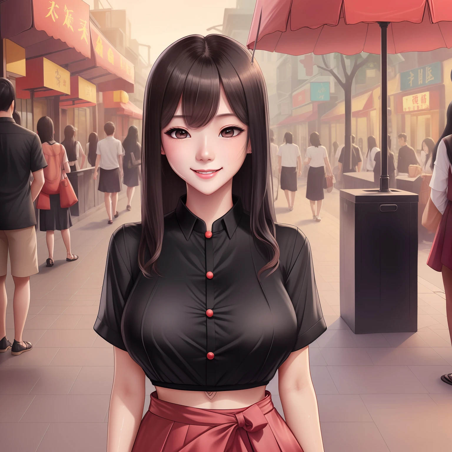 1girl,he tall,long wet black hair,super big breast,(P cup),age 17,happy and smile very detailed face,long chinese shirt and skirt outfit,full body,red peach lips,her nose and cheek was red,in city street