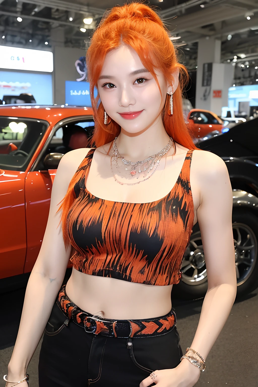 (extra detailed body、extra detailed face、best qualtiy:1.2)、femele、looking at the viewers、(Orange hair fancy hair ornament、15yo student、Outstanding smile、Earrings of shoulder-length bird feathers,、Fancy Necklaces、Bracelets、Tank tops、Split abs、JINS)、(American Car Exhibition Hall:1.4)Pippy Fu
