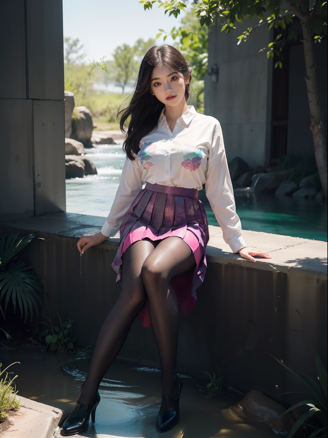 (full body:2),(1girl:1.3),(view the viewer:1.4),(anatomy correct:1.45),(Sitting by the stream:1.35),(very thick printed pantyhose:1.4),(A mature and sensual woman Wear printed fantasy colorful JK student uniform pleated skirt and uniform pointed high-heeled leather shoes :1.35),(A woman with large buttocks, breasts, and a slender waist:1.4), (Light particle effect:1.3),(In pink | amarelo | blue colors| green color |red color | white colors| black in color| purplish color| greys| Beige| Flesh color 1.4),(Glowing eyes:1.3),(Large amplitude action: 1.3),(Accurate and perfect face:1.4),hyper HD, Ray traching, reflective light,structurally correct, Award-Awarded, high detail, lighten shade contrast, Face lighting,cinmatic lighting, tmasterpiece, super detailing, high quality, high detail, best quality, 16k,High contrast,