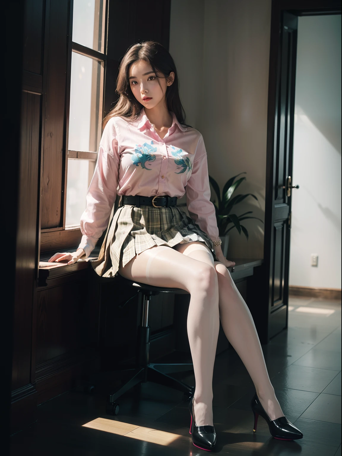 (full body:2)，(1girl:1.3),(view the viewer:1.4)，(anatomy correct:1.45),(Sitting by the stream:1.35),(very thick printed pantyhose:1.4),(A mature and sensual woman Wear printed fantasy colorful JK student uniform pleated skirt and uniform pointed high-heeled leather shoes :1.35)，(A woman with large buttocks, breasts, and a slender waist:1.4), (Light particle effect:1.3),(In pink | amarelo | blue colors| green color |red color | white colors| black in color| purplish color| greys| Beige| Flesh color 1.4)，(Glowing eyes:1.3),(Large amplitude action: 1.3)，(Accurate and perfect face:1.4),hyper HD, Ray traching, reflective light，structurally correct, Award-Awarded, high detail, lighten shade contrast, Face lighting，cinmatic lighting, tmasterpiece, super detailing, high quality, high detail, best quality, 16k，High contrast,